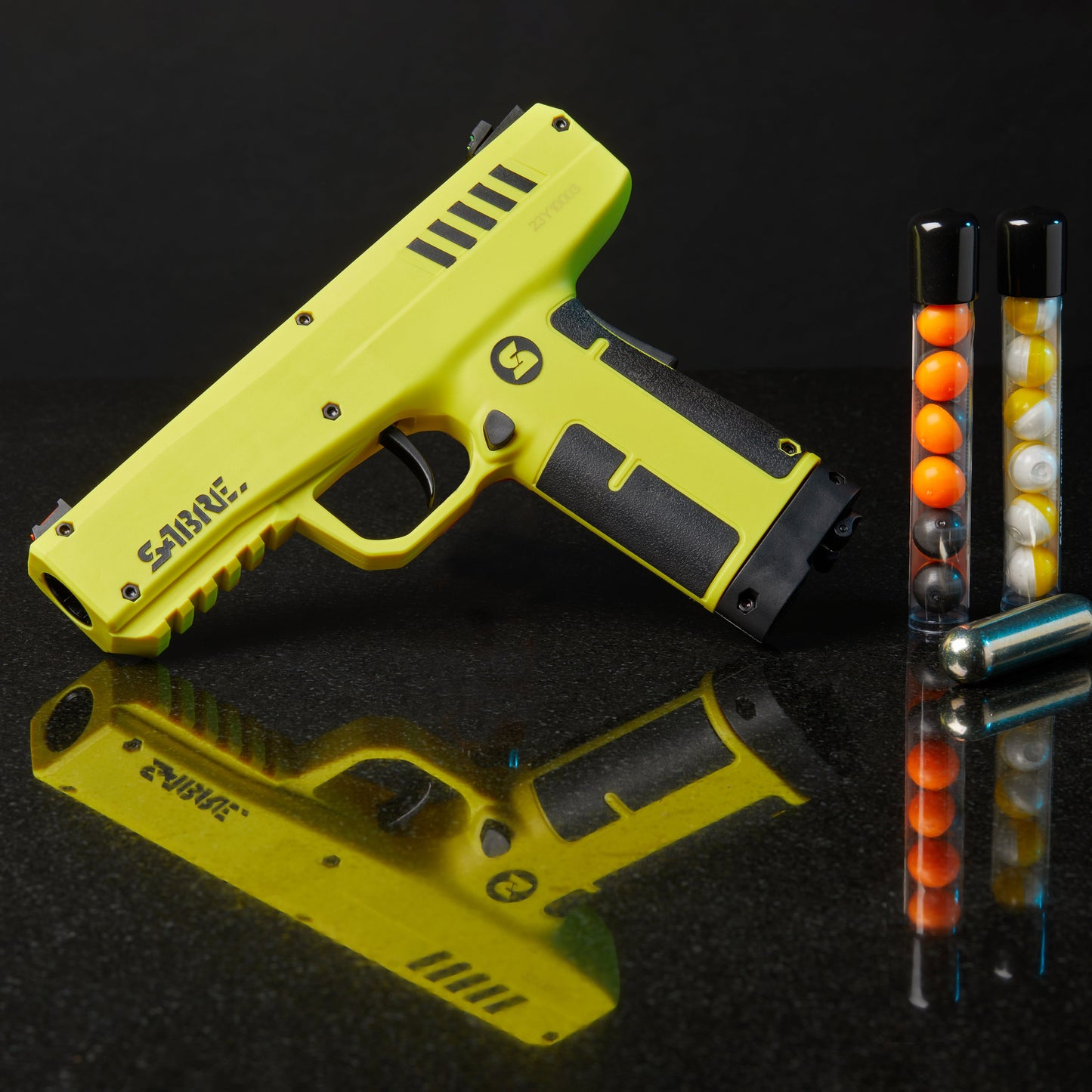 0.68 Caliber Home Defense Pepper Projectile Launcher – .68 caliber personal defense launcher designed for home use, featuring a ready-to-fire CO₂-powered firing mechanism that launches irritant pepper projectiles at defensive range, in dark background.