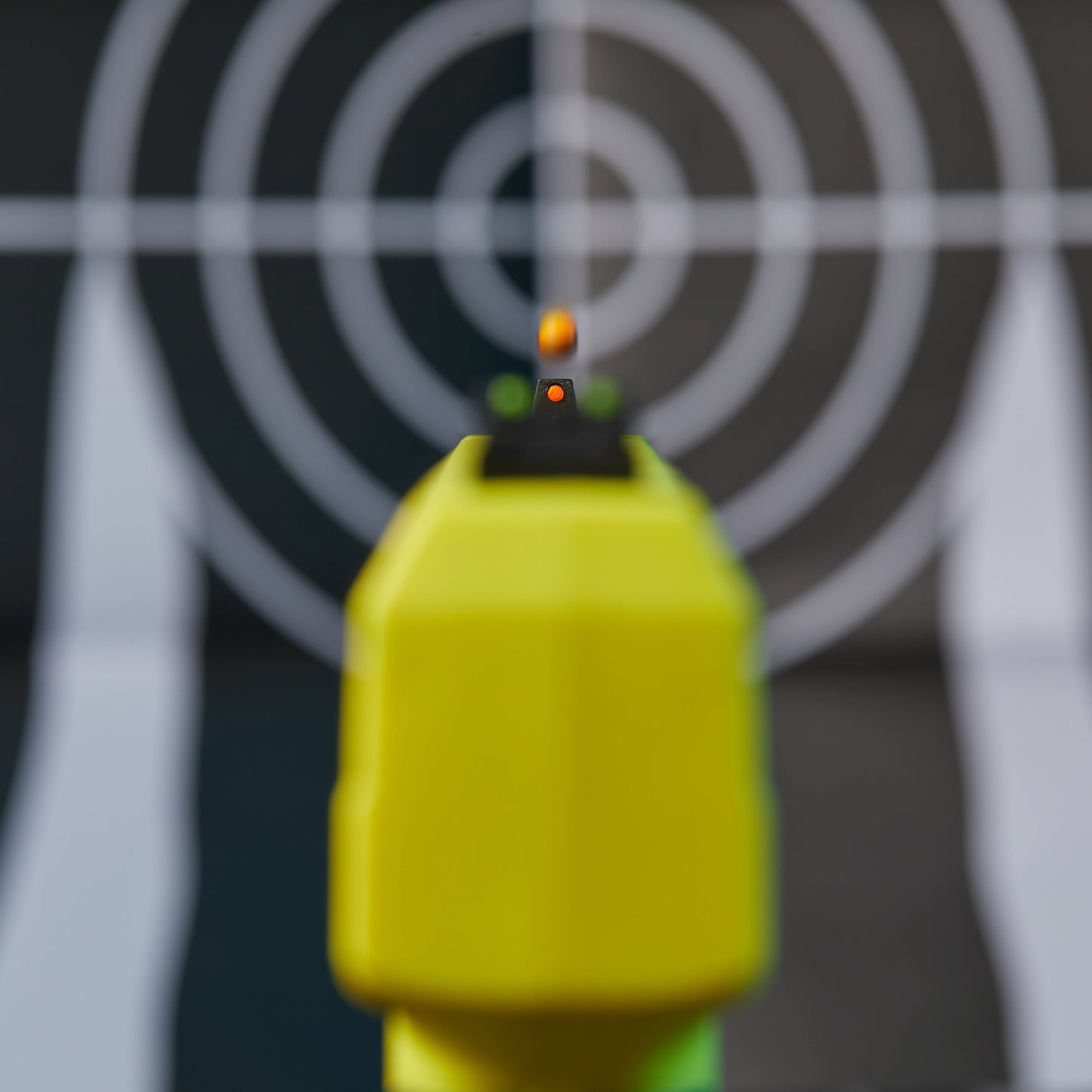 0.68 Caliber Home Defense Pepper Projectile Launcher – .68 caliber personal defense launcher designed for home use, featuring a ready-to-fire CO₂-powered firing mechanism that launches irritant pepper projectiles at defensive range, aiming at a target.