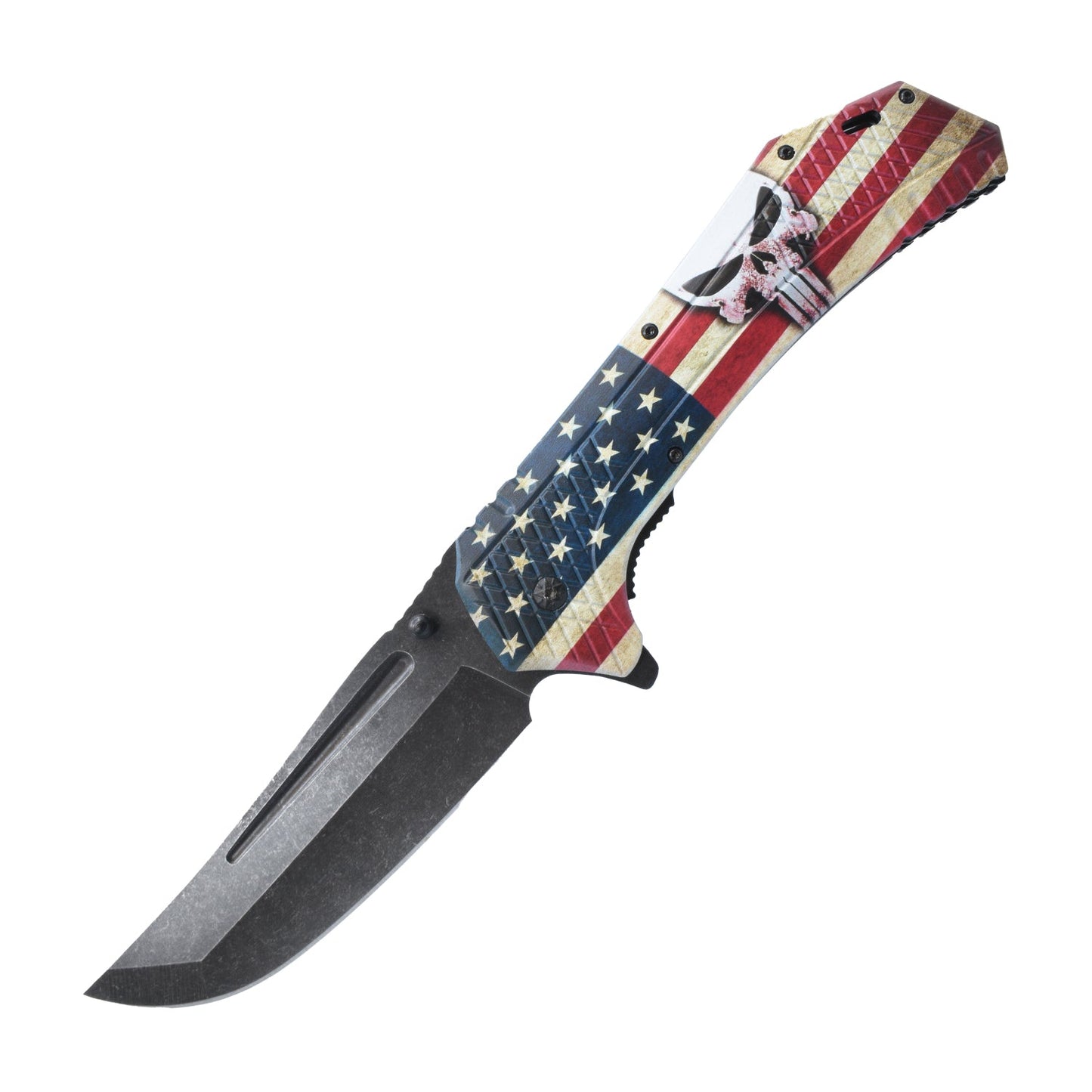 12.25-Inch American Flag Knife – large spring-assisted folding knife featuring a 5" stainless steel blade and a 7" handle adorned with a 3D-printed USA flag design, ideal for collectors and outdoor enthusiasts, in white background.