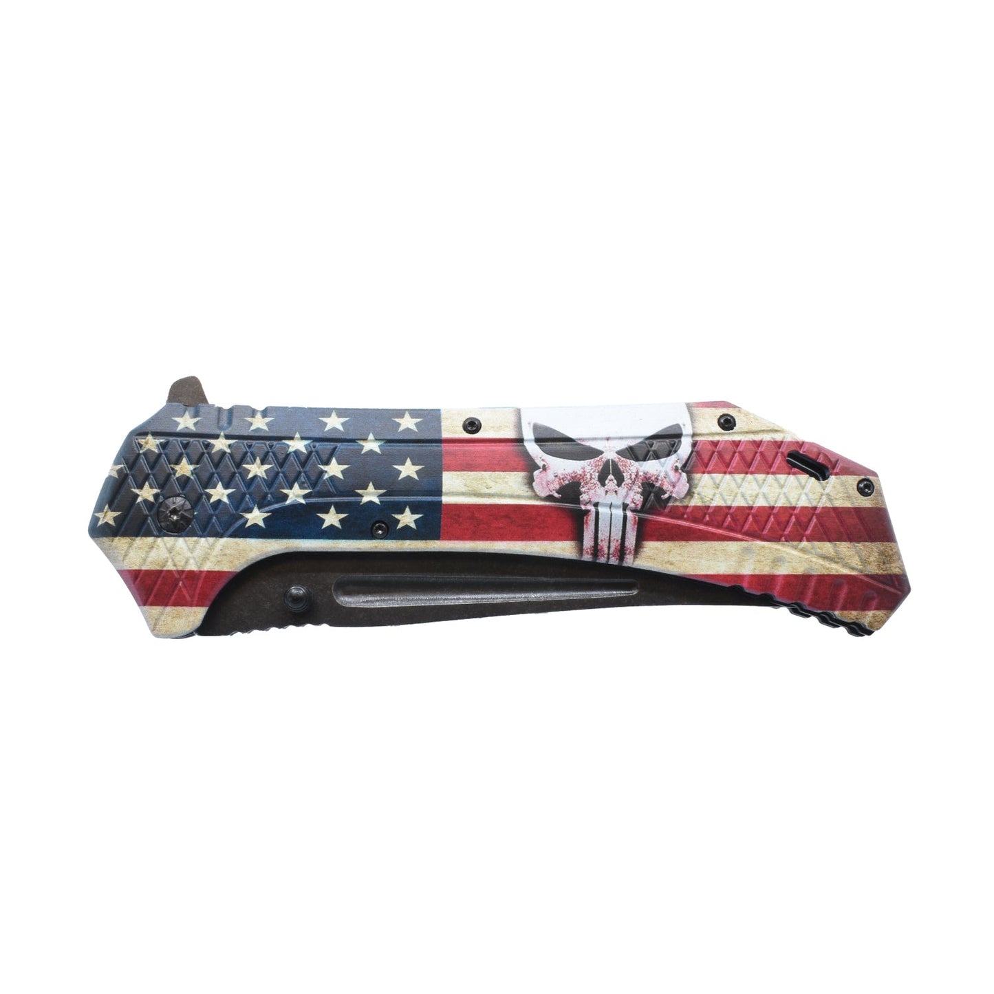 12.25-Inch American Flag Knife – large spring-assisted folding knife featuring a 5" stainless steel blade and a 7" handle adorned with a 3D-printed USA flag design, ideal for collectors and outdoor enthusiasts, in white background.