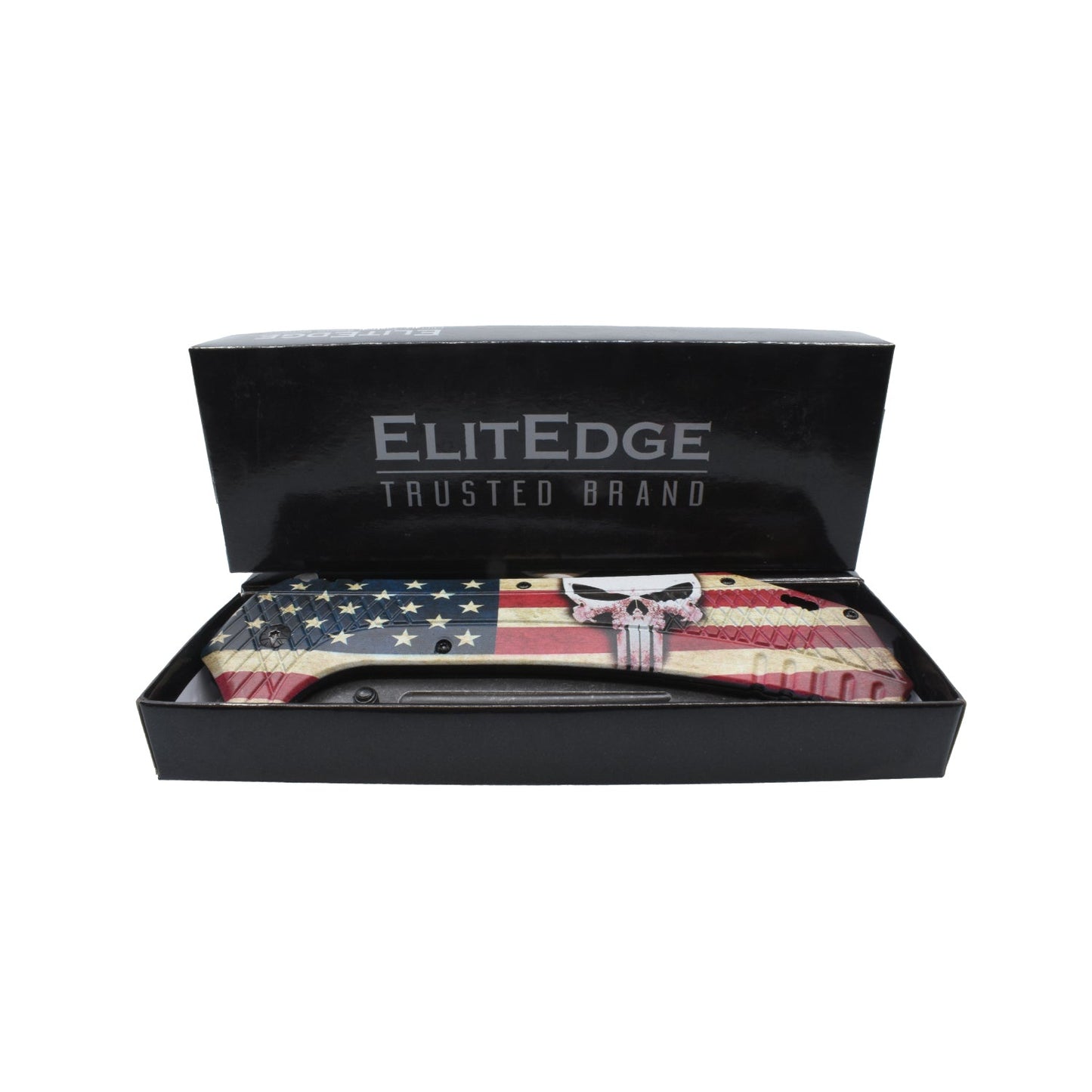 12.25-Inch American Flag Knife – large spring-assisted folding knife featuring a 5" stainless steel blade and a 7" handle adorned with a 3D-printed USA flag design, ideal for collectors and outdoor enthusiasts, inside product box, in white background.