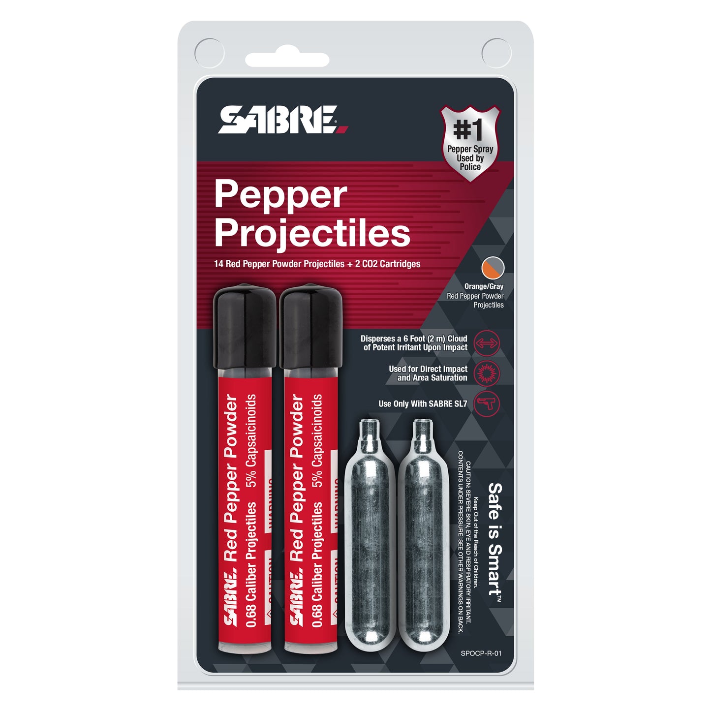 Package for 14 Live 0.68 Cal Projectiles + 2 CO2 Cartridges – refill kit designed for SABRE SLP1C and compatible 0.68 caliber pepper launchers, containing 14 red pepper powder projectiles and two 12g CO₂ cartridges, each dispersing a 6-foot cloud of non-irritant powder upon impact, in white background.