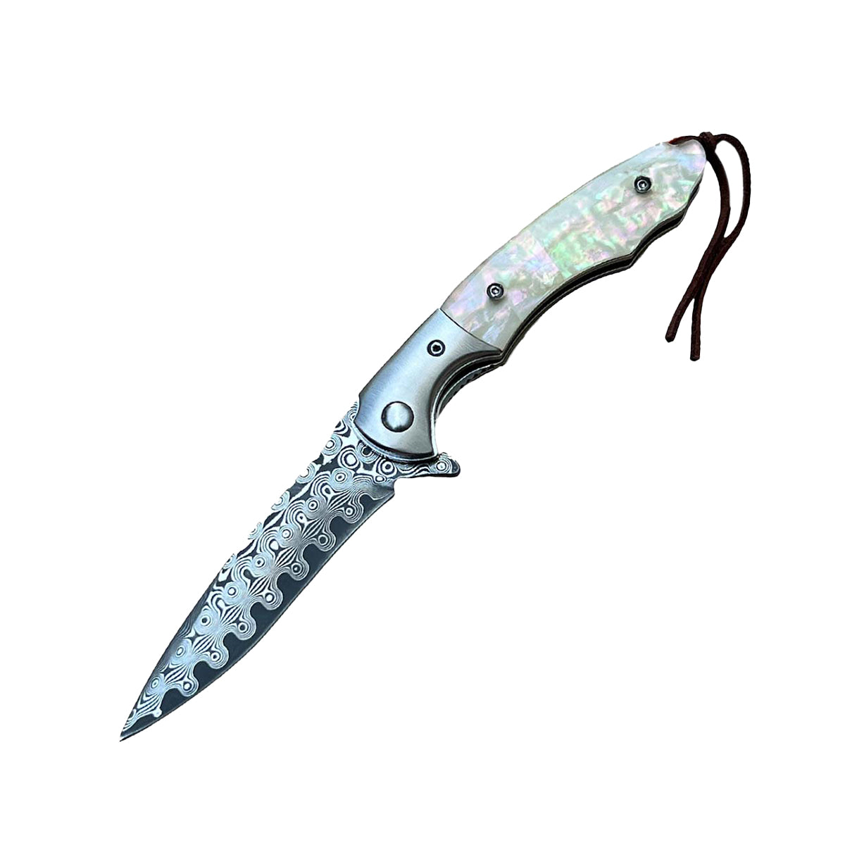 3.5″ Ball Bearing Folding Knife with Drop Point Damascus Blade – elegant folding knife featuring a smooth ball-bearing pivot, a 3.5″ Damascus-steel drop-point blade distinguished by visible layered patterning, an ergonomic handle (wood or abalone options), liner-lock mechanism, and pocket clip—built for seamless one-handed operation in everyday carry and collectible use, in white background.
