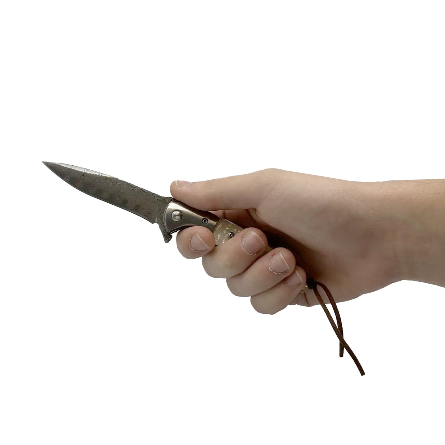 Someone holding 3.5″ Ball Bearing Folding Knife with Drop Point Damascus Blade – elegant folding knife featuring a smooth ball-bearing pivot, a 3.5″ Damascus-steel drop-point blade distinguished by visible layered patterning, an ergonomic handle (wood or abalone options), liner-lock mechanism, and pocket clip—built for seamless one-handed operation in everyday carry and collectible use, in white background.