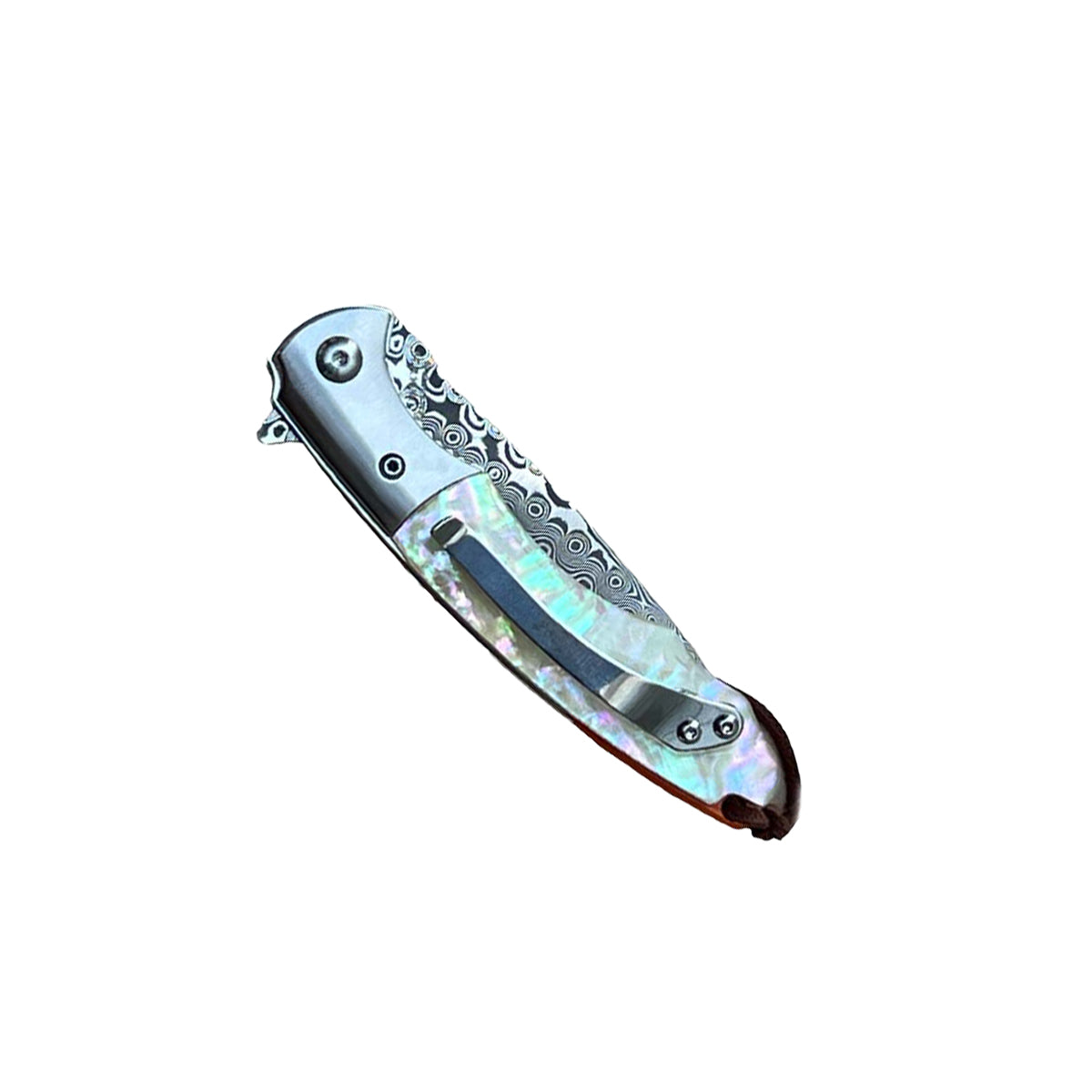 3.5″ Ball Bearing Folding Knife with Drop Point Damascus Blade – elegant folding knife featuring a smooth ball-bearing pivot, a 3.5″ Damascus-steel drop-point blade distinguished by visible layered patterning, an ergonomic handle (wood or abalone options), liner-lock mechanism, and pocket clip—built for seamless one-handed operation in everyday carry and collectible use, in white background.