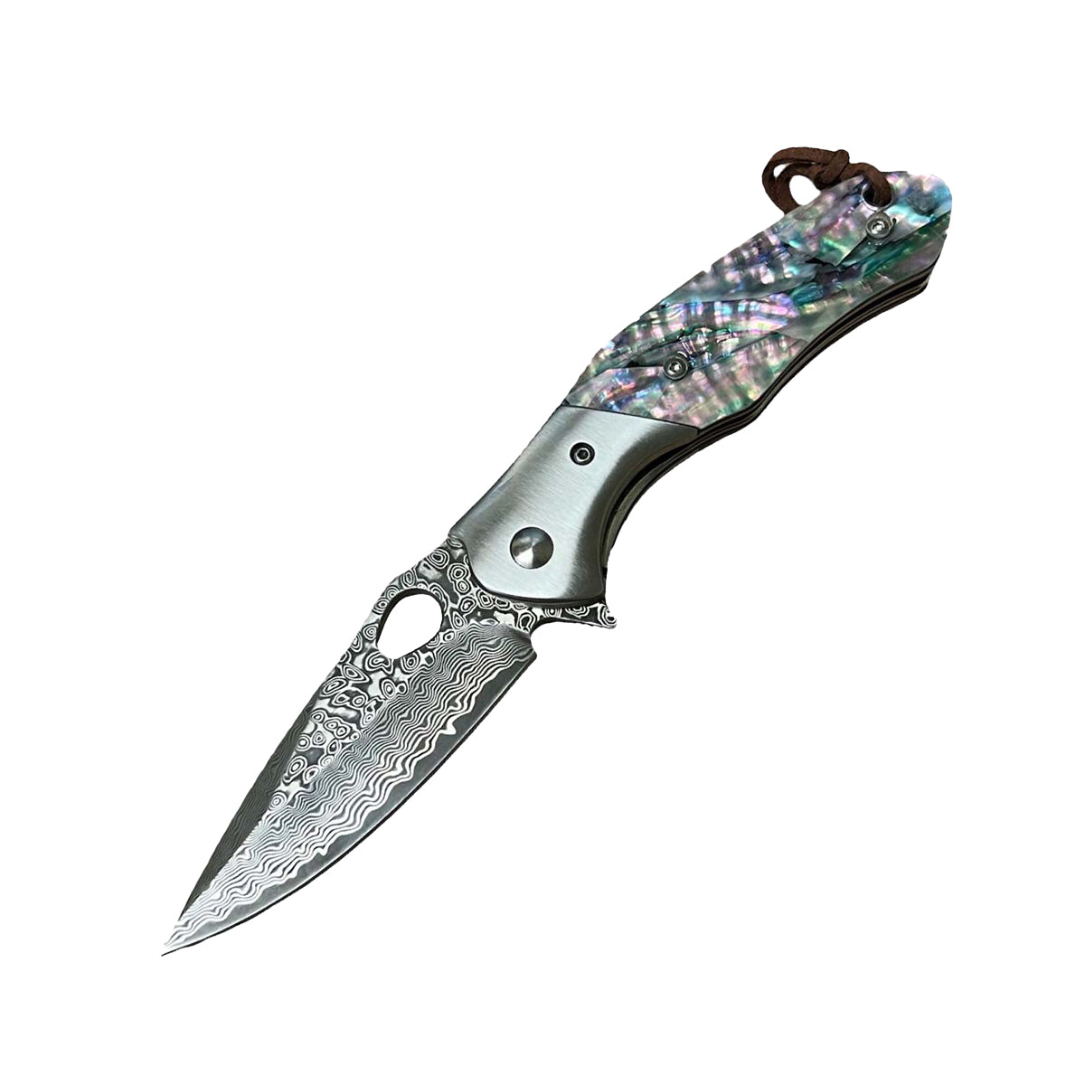 3.5″ Damascus Drop Point Folding Knife with Abalone Handle – elegant folding knife featuring a smooth ball-bearing pivot and a sharp Damascus-steel drop-point blade, complemented by an ergonomic abalone shell handle, liner-lock mechanism, and pocket clip for everyday carry and collector appeal, in white background.