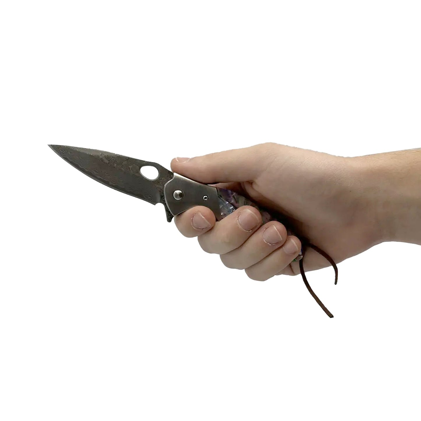 Someone holding 3.5″ Damascus Drop Point Folding Knife with Abalone Handle – elegant folding knife featuring a smooth ball-bearing pivot and a sharp Damascus-steel drop-point blade, complemented by an ergonomic abalone shell handle, liner-lock mechanism, and pocket clip for everyday carry and collector appeal, in white background.