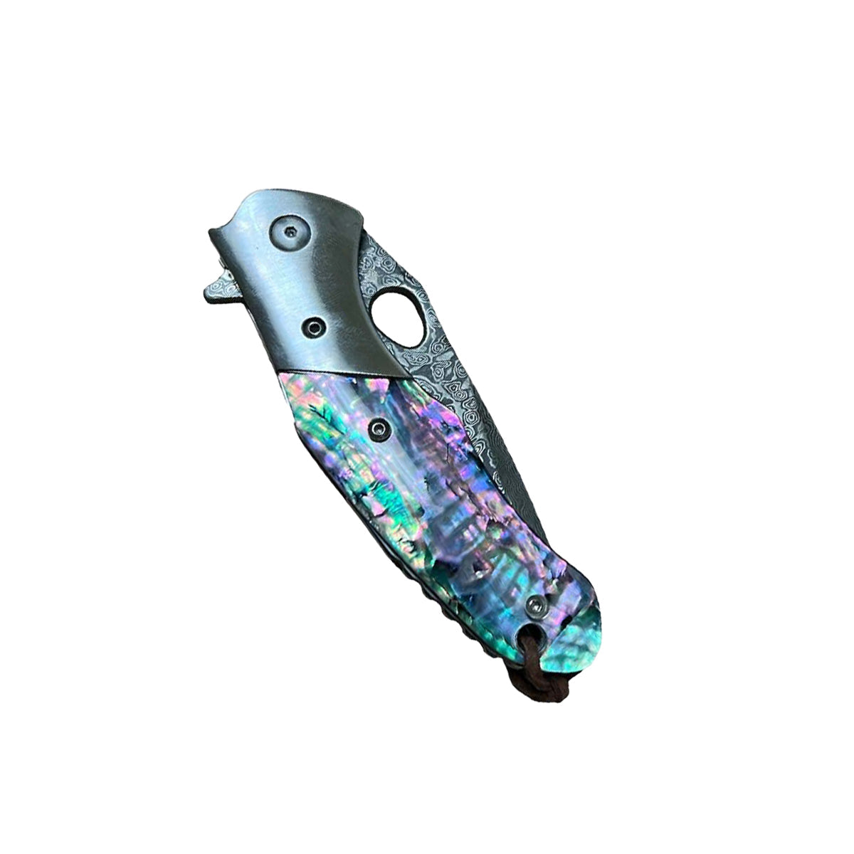 3.5″ Damascus Drop Point Folding Knife with Abalone Handle – elegant folding knife featuring a smooth ball-bearing pivot and a sharp Damascus-steel drop-point blade, complemented by an ergonomic abalone shell handle, liner-lock mechanism, and pocket clip for everyday carry and collector appeal, in white background.