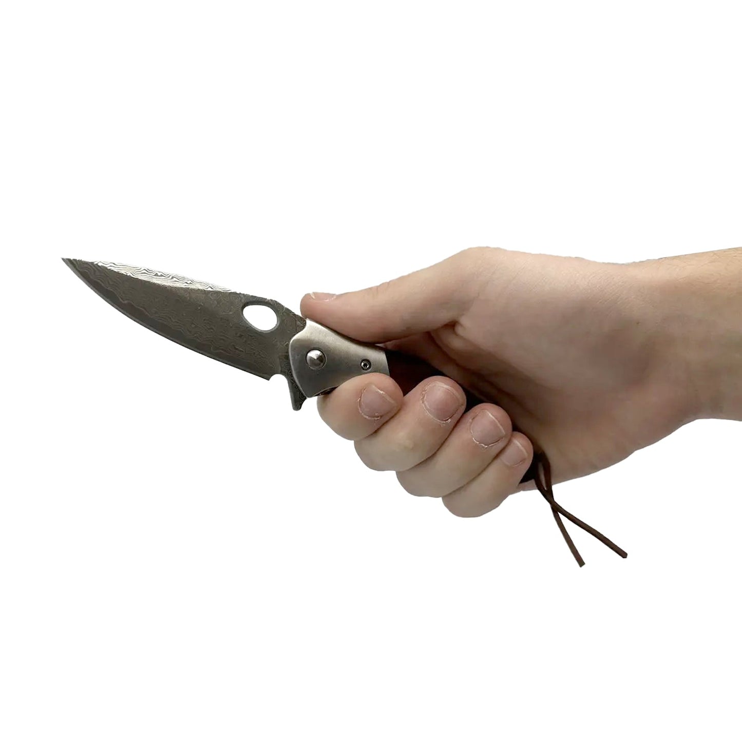 Someone holding 3.5″ Damascus Drop Point Folding Knife with Wood Handle – elegant folding knife featuring a 3.5″ Damascus-steel drop-point blade with visible ripple patterning, ergonomic wood handle with brass accents, and liner-lock mechanism with pocket clip for everyday carry and collectible appeal, in white background.