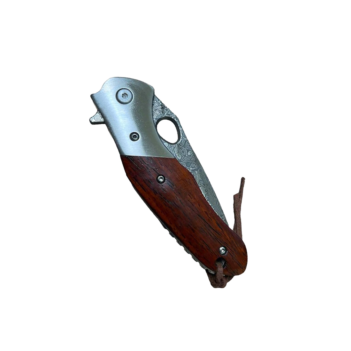 3.5″ Damascus Drop Point Folding Knife with Wood Handle – elegant folding knife featuring a 3.5″ Damascus-steel drop-point blade with visible ripple patterning, ergonomic wood handle with brass accents, and liner-lock mechanism with pocket clip for everyday carry and collectible appeal, in white background.