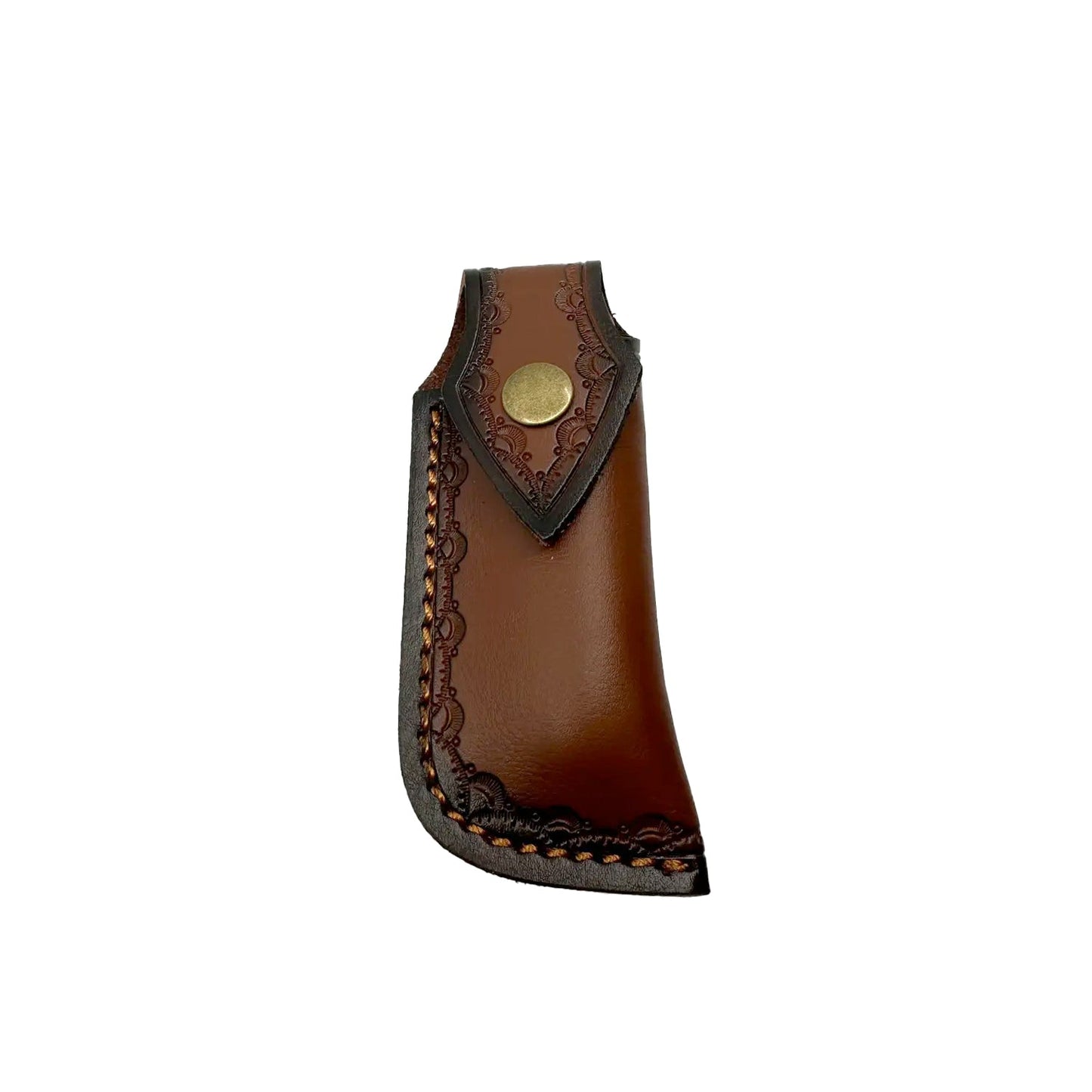 Holster for 3.5″ Damascus Drop Point Folding Knife with Wood Handle – elegant folding knife featuring a 3.5″ Damascus-steel drop-point blade with visible ripple patterning, ergonomic wood handle with brass accents, and liner-lock mechanism with pocket clip for everyday carry and collectible appeal, in white background.