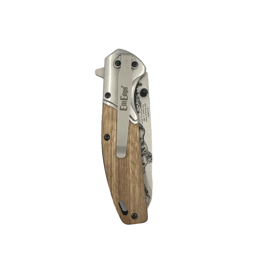 3.5″ Spring Assisted Folding Knife with Drop Point Blade – features a 3.5″ stainless steel drop point blade with decorative 3D‑printed wolf design, spring‑assist opening, ergonomic stainless steel and wood‑overlay handle (4.5″ closed), and pocket clip for everyday carry and tactical use, in white background.