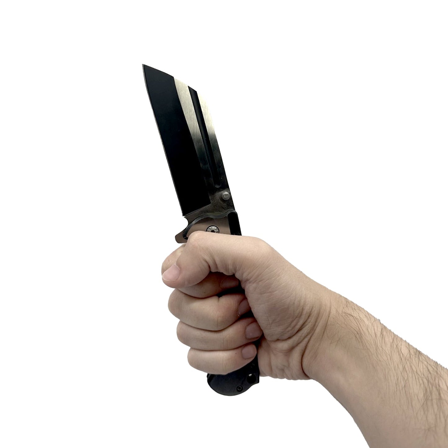 Someone holding 3.75″ Spring-Assisted Folding Knife – reliable pocket knife with a sharp stainless steel blade, spring-assisted opening, ergonomic handle, and pocket clip for everyday carry and tactical use, in white background.