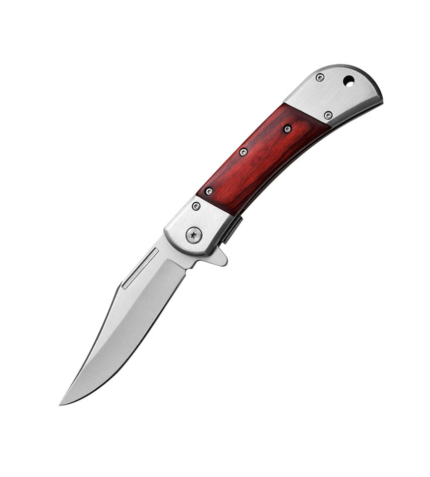 3.75″ Spring Assisted Folding Knife with Drop Point Blade – compact and sturdy folding knife featuring a spring-assisted opening mechanism, a sharp stainless-steel drop-point blade, and an ergonomic handle with belt clip for everyday carry and utility, in white background.
