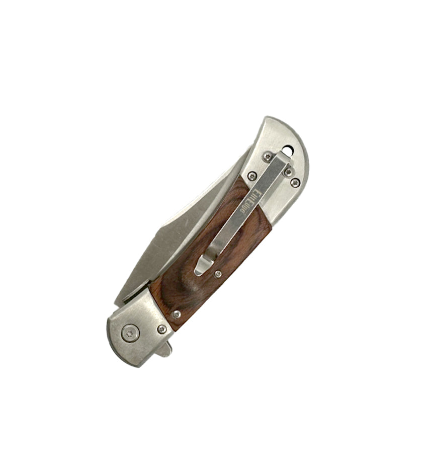 3.75″ Spring Assisted Folding Knife with Drop Point Blade – compact and sturdy folding knife featuring a spring-assisted opening mechanism, a sharp stainless-steel drop-point blade, and an ergonomic handle with belt clip for everyday carry and utility, in white background.