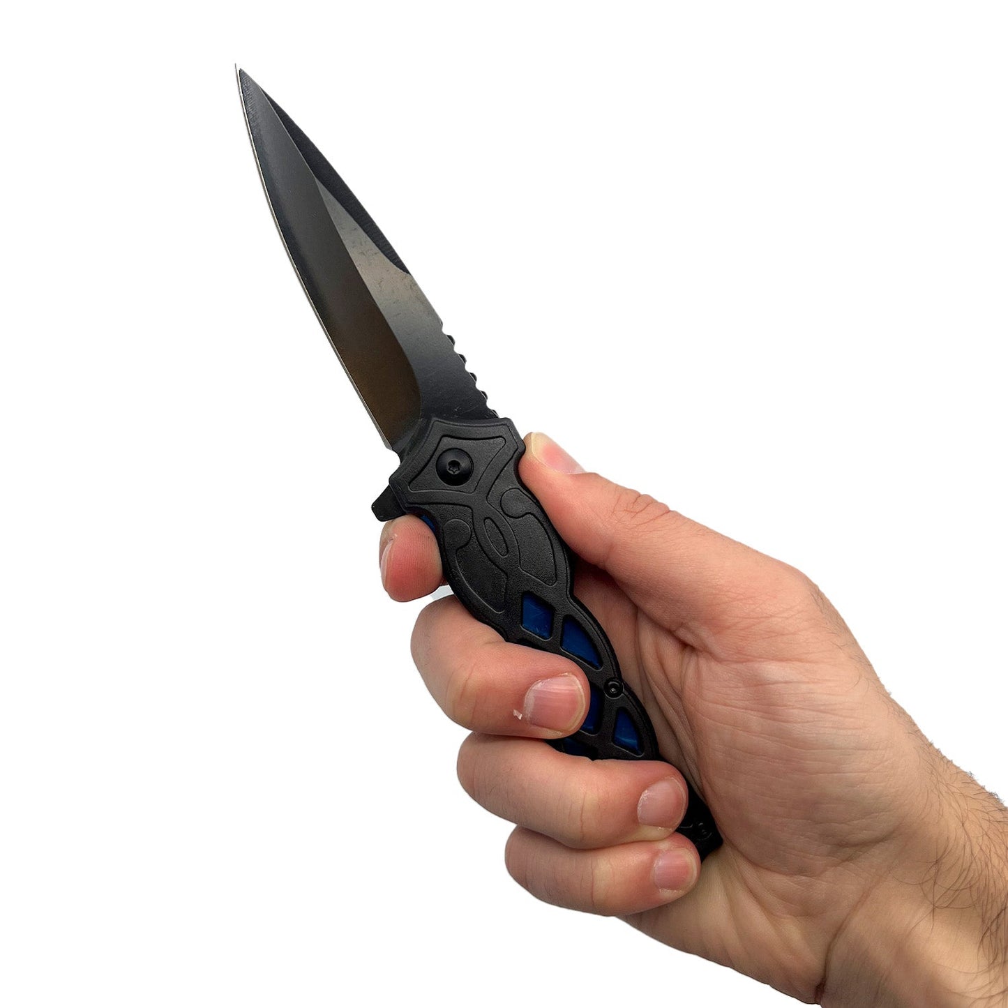 Someone holding 3.75-Inch Weave Pattern Knife with ABS Handle – folding knife featuring a 3.5" black 440 stainless steel blade and a 3.75" black ABS handle with a distinctive weave pattern, ergonomic grip, and pocket clip for secure everyday carry, in white background.