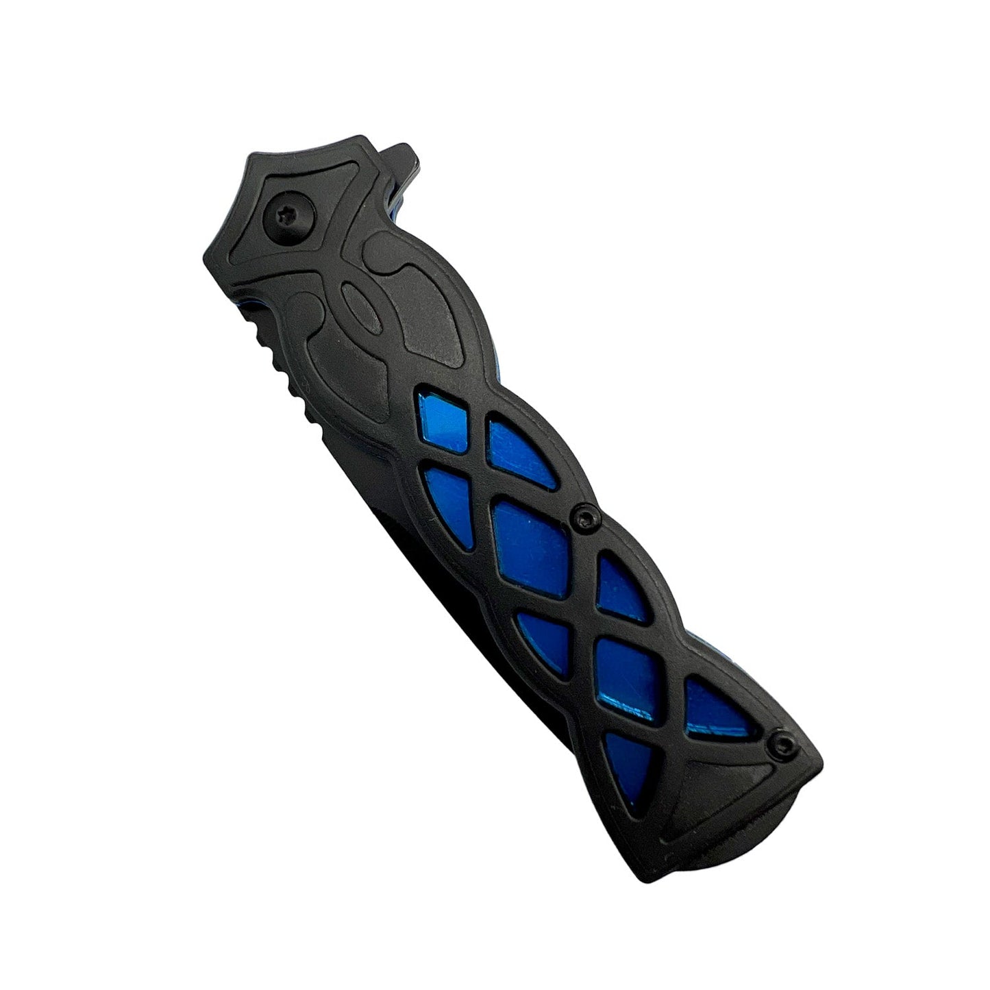 3.75-Inch Weave Pattern Knife with ABS Handle – folding knife featuring a 3.5" black 440 stainless steel blade and a 3.75" black ABS handle with a distinctive weave pattern, ergonomic grip, and pocket clip for secure everyday carry, in white background.