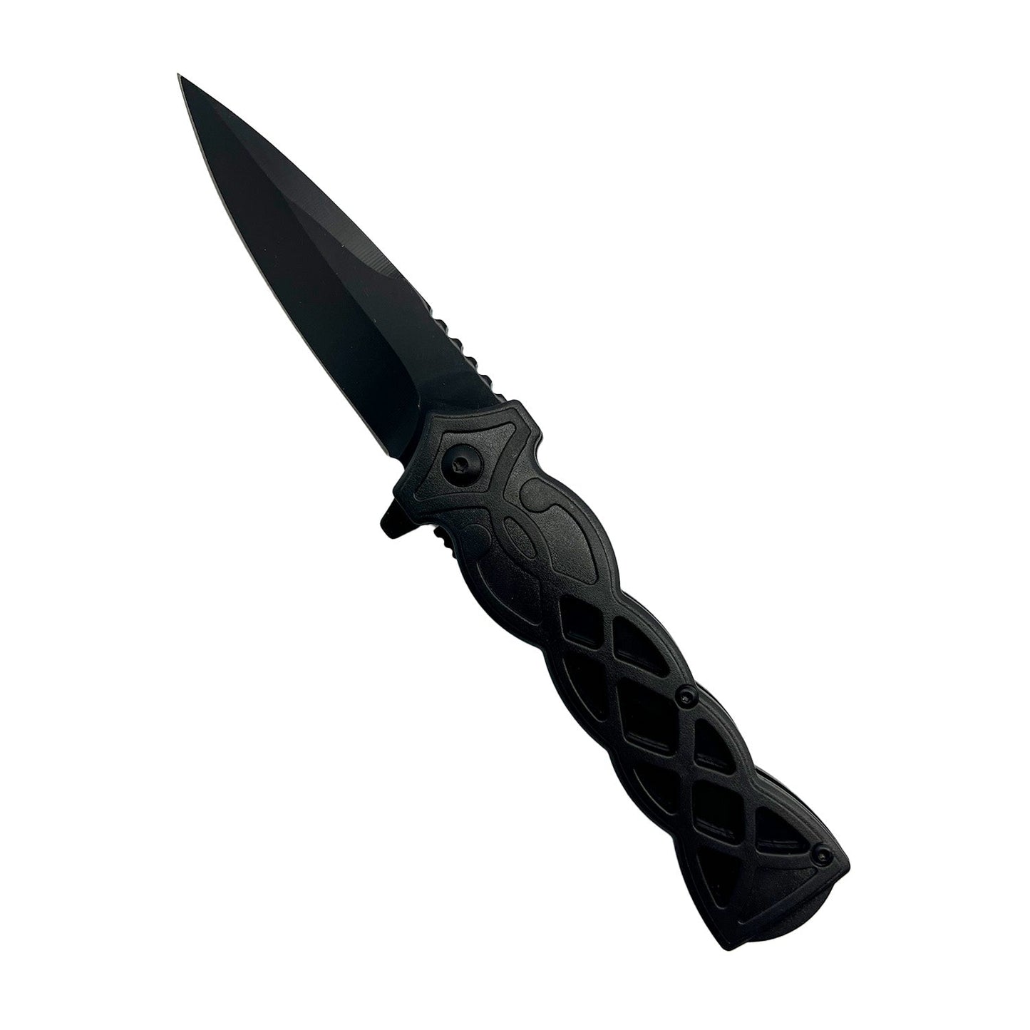 3.75-Inch Weave Pattern Knife with ABS Handle – folding knife featuring a 3.5" black 440 stainless steel blade and a 3.75" black ABS handle with a distinctive weave pattern, ergonomic grip, and pocket clip for secure everyday carry, in white background.