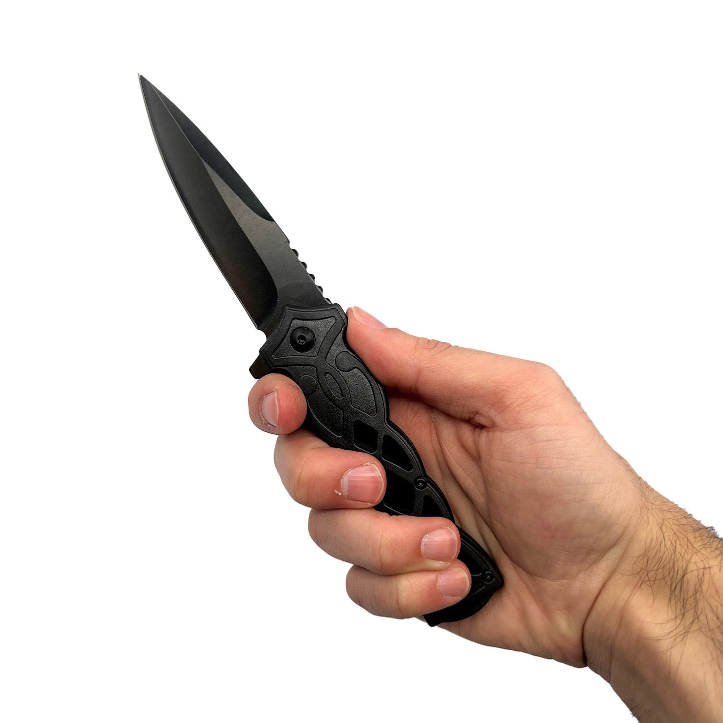 Someone holding 3.75-Inch Weave Pattern Knife with ABS Handle – folding knife featuring a 3.5" black 440 stainless steel blade and a 3.75" black ABS handle with a distinctive weave pattern, ergonomic grip, and pocket clip for secure everyday carry, in white background.