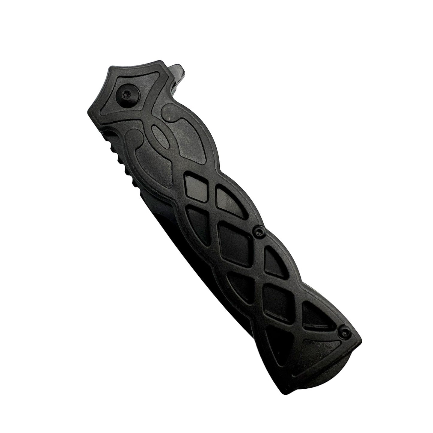 3.75-Inch Weave Pattern Knife with ABS Handle – folding knife featuring a 3.5" black 440 stainless steel blade and a 3.75" black ABS handle with a distinctive weave pattern, ergonomic grip, and pocket clip for secure everyday carry, in white background.