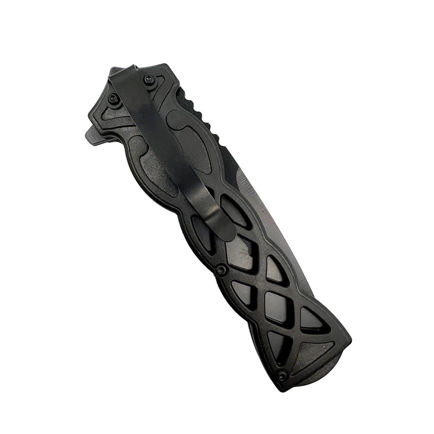 3.75-Inch Weave Pattern Knife with ABS Handle – folding knife featuring a 3.5" black 440 stainless steel blade and a 3.75" black ABS handle with a distinctive weave pattern, ergonomic grip, and pocket clip for secure everyday carry, in white background.