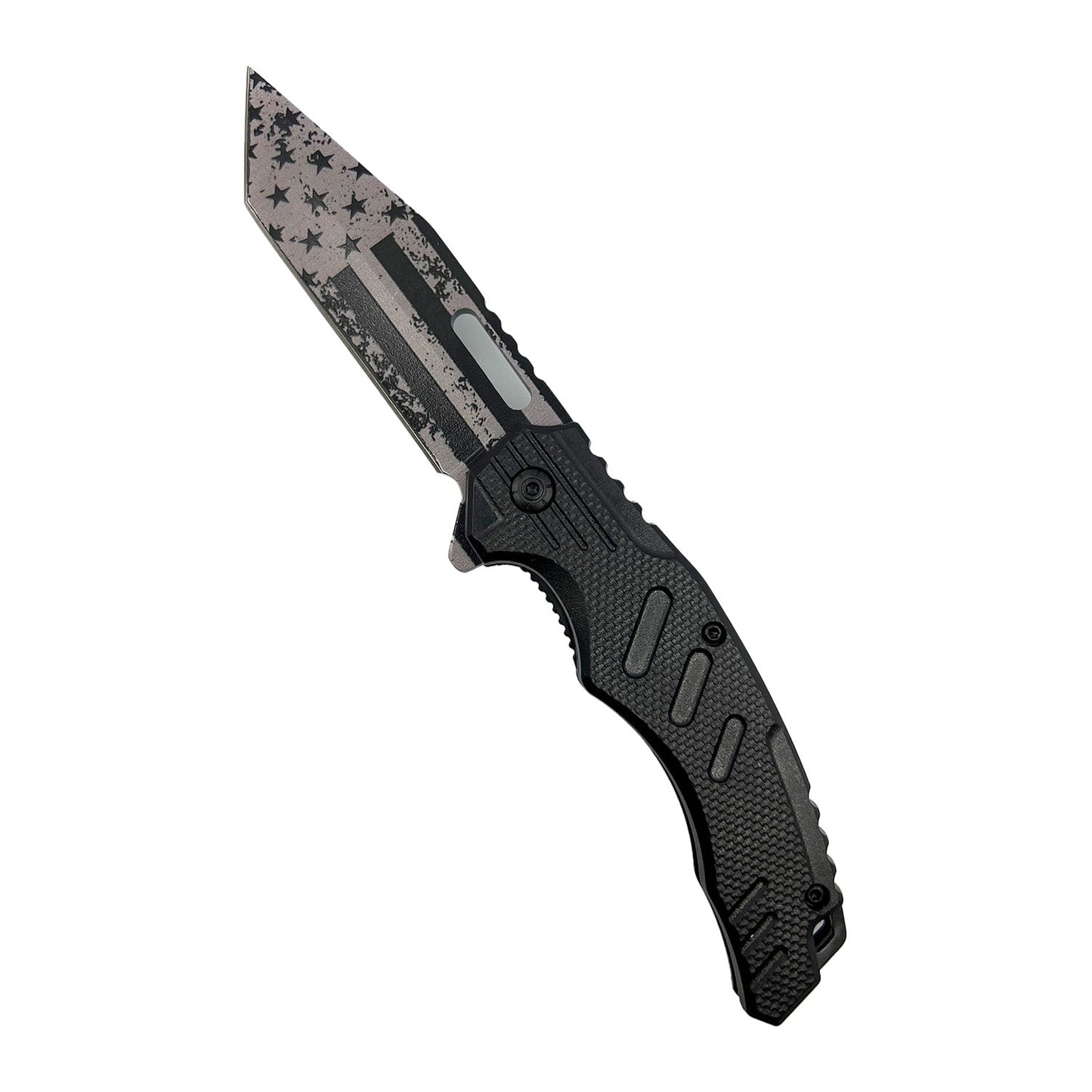 4.75‑Inch American Flag Tanto Knife with ABS Handle – spring‑assisted folding knife featuring a rugged 3.25″ stainless steel tanto blade adorned with a 3 mm 3D-printed American flag design, a textured ABS handle, liner lock, and pocket clip for everyday tactical carry, in white background.
