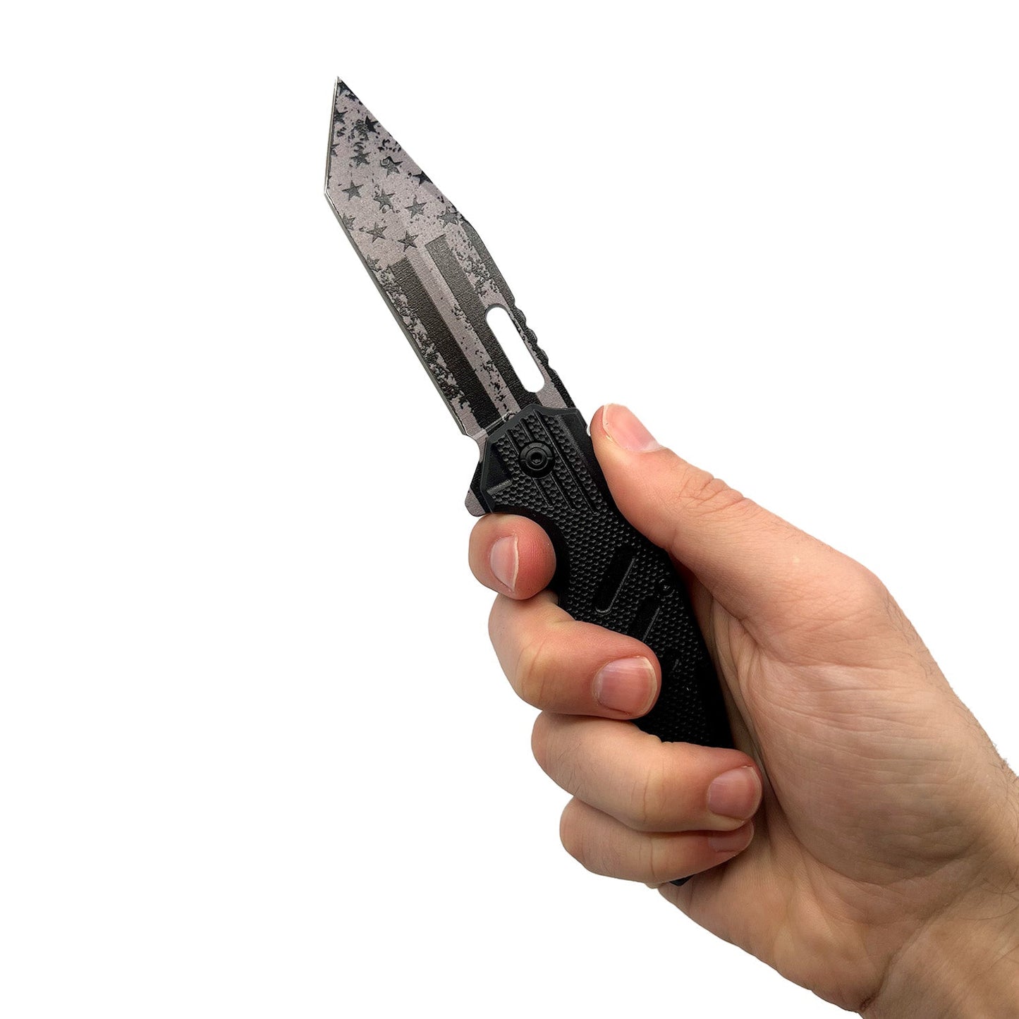 Someone holding 4.75‑Inch American Flag Tanto Knife with ABS Handle – spring‑assisted folding knife featuring a rugged 3.25″ stainless steel tanto blade adorned with a 3 mm 3D-printed American flag design, a textured ABS handle, liner lock, and pocket clip for everyday tactical carry, in white background.