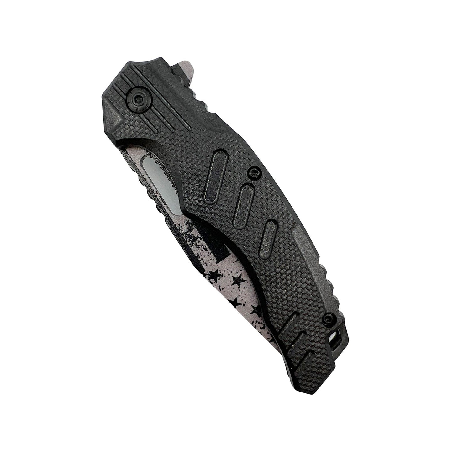 4.75‑Inch American Flag Tanto Knife with ABS Handle – spring‑assisted folding knife featuring a rugged 3.25″ stainless steel tanto blade adorned with a 3 mm 3D-printed American flag design, a textured ABS handle, liner lock, and pocket clip for everyday tactical carry, in white background.