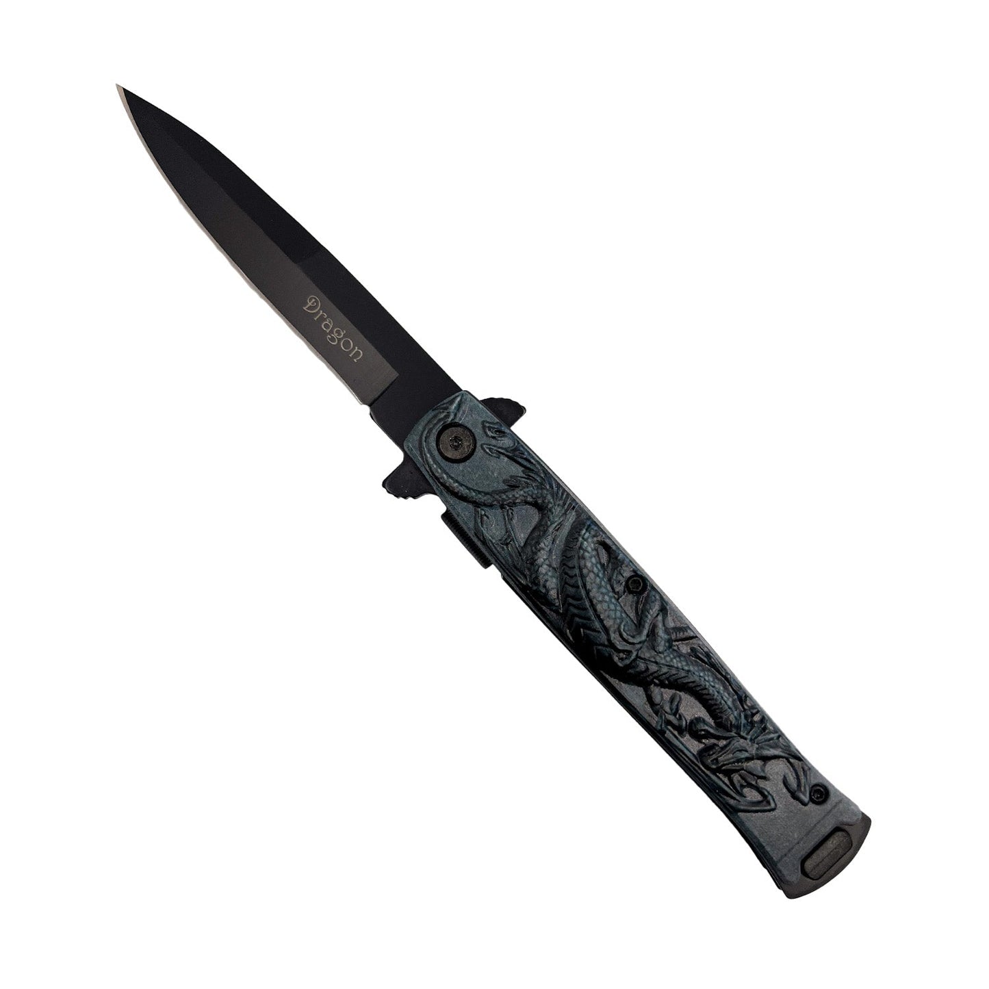 4‑Inch Black Dragon Knife with ABS Handle – spring‑assisted folding knife featuring a sharp 440 stainless steel blade and a stylish dragon‑patterned ABS handle, designed for reliable everyday carry and outdoor use, in white background.
