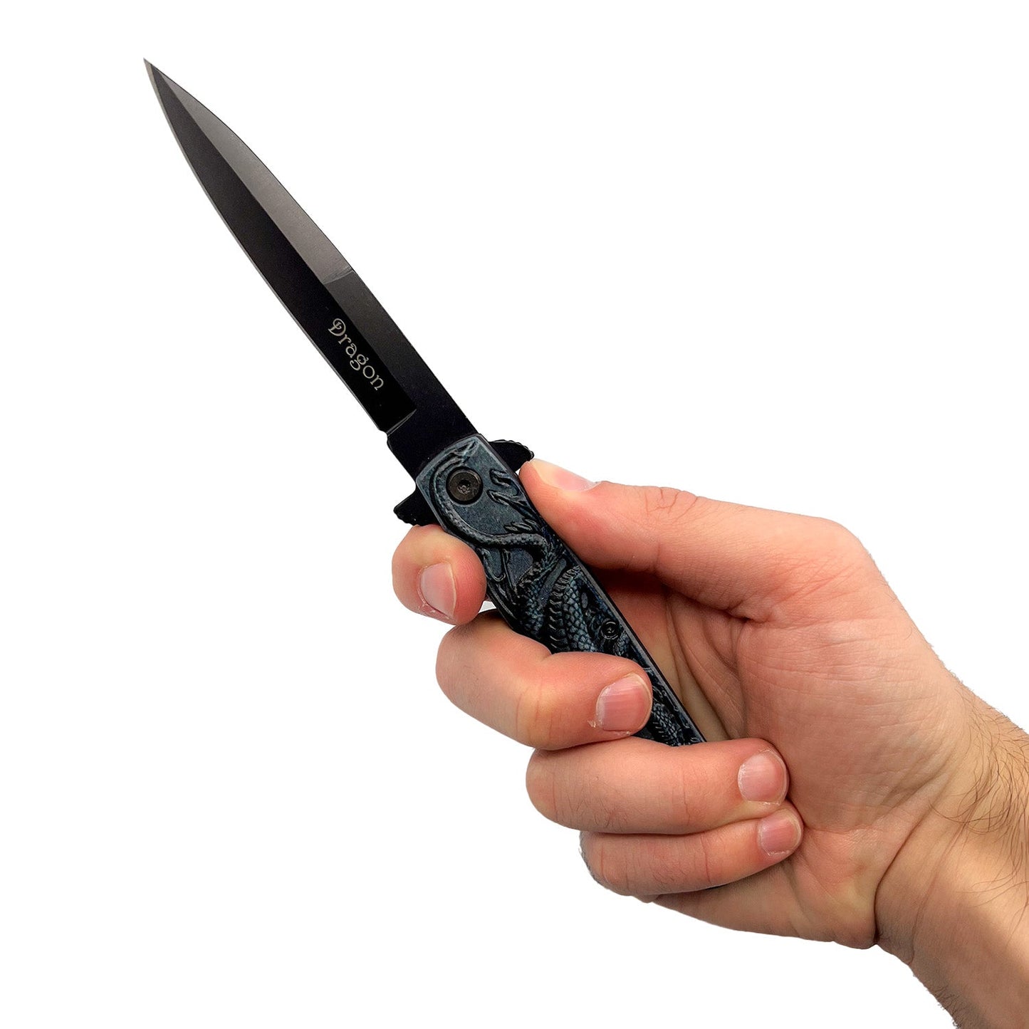Someone holding 4‑Inch Black Dragon Knife with ABS Handle – spring‑assisted folding knife featuring a sharp 440 stainless steel blade and a stylish dragon‑patterned ABS handle, designed for reliable everyday carry and outdoor use, in white background.