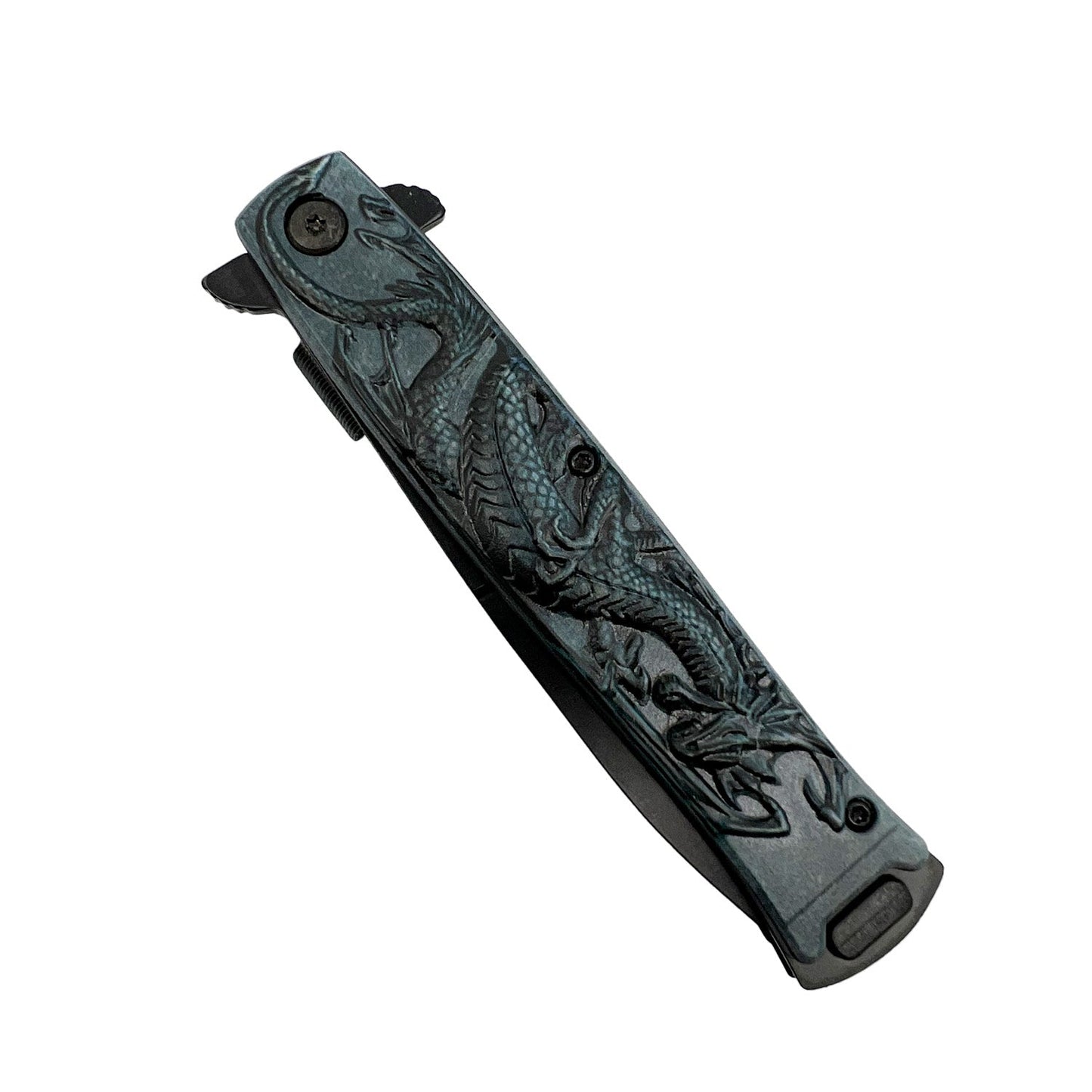 4‑Inch Black Dragon Knife with ABS Handle – spring‑assisted folding knife featuring a sharp 440 stainless steel blade and a stylish dragon‑patterned ABS handle, designed for reliable everyday carry and outdoor use, in white background.