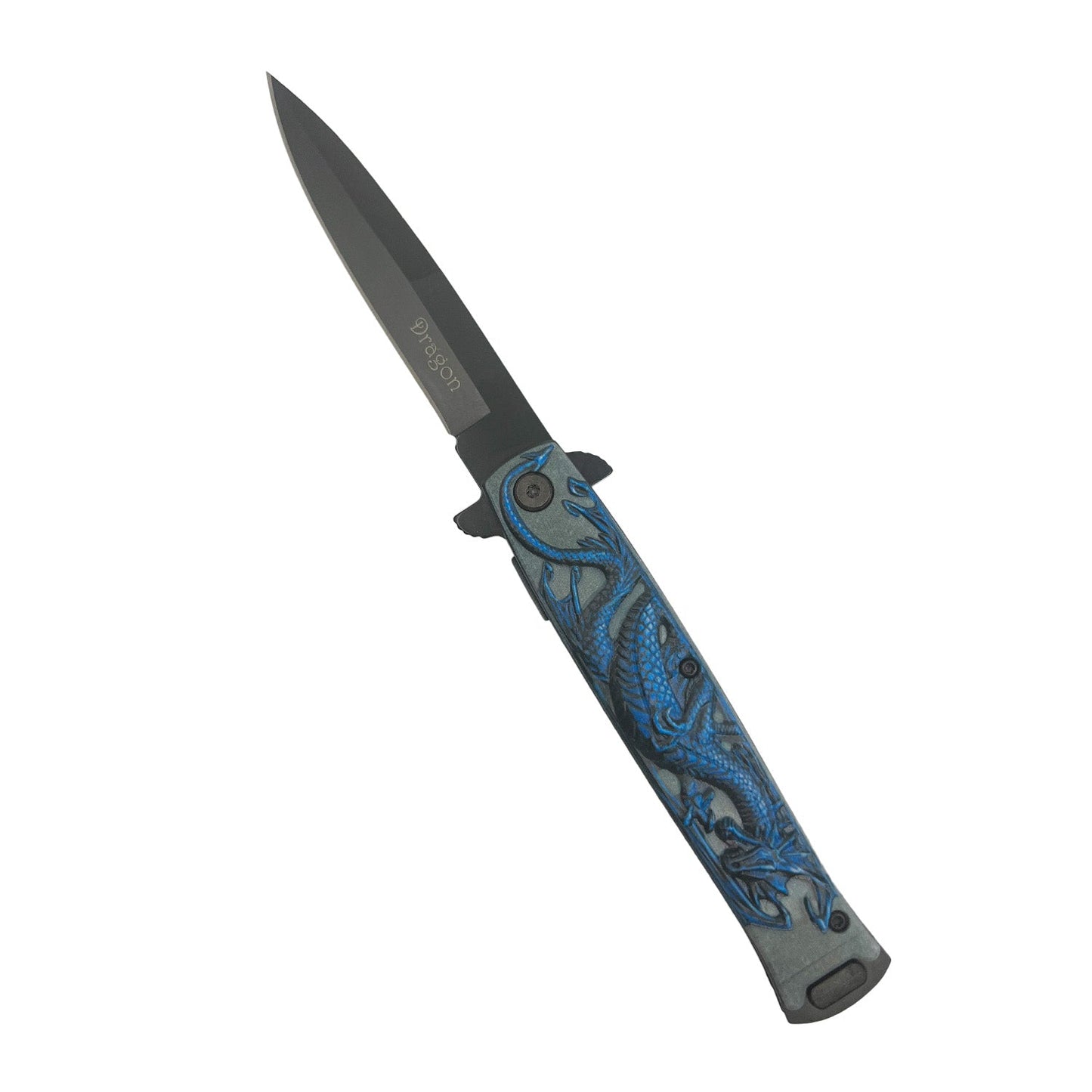 4‑Inch Black Dragon Knife with ABS Handle – spring‑assisted folding knife featuring a sharp 440 stainless steel blade and a stylish dragon‑patterned ABS handle, designed for reliable everyday carry and outdoor use, in white background.