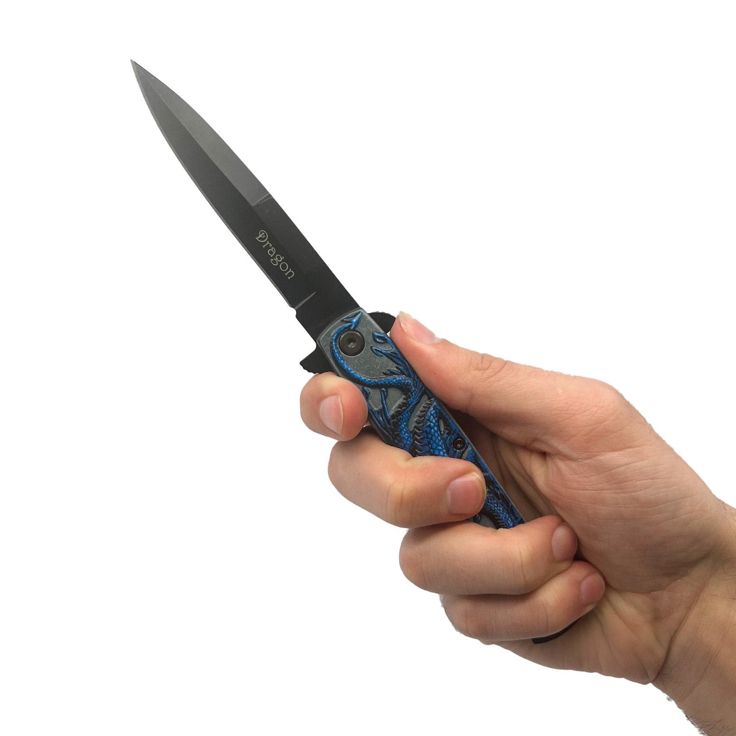 Someone holding 4‑Inch Black Dragon Knife with ABS Handle – spring‑assisted folding knife featuring a sharp 440 stainless steel blade and a stylish dragon‑patterned ABS handle, designed for reliable everyday carry and outdoor use, in white background.