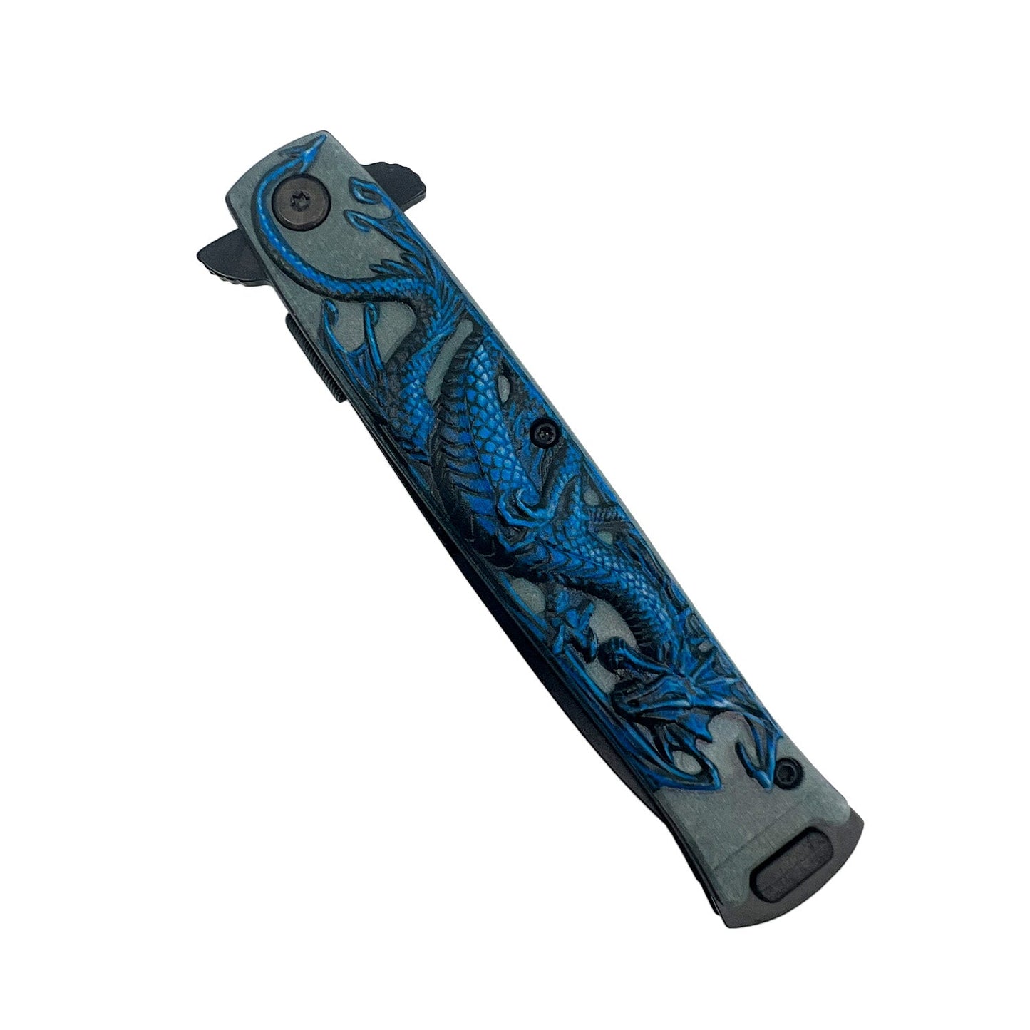 4‑Inch Black Dragon Knife with ABS Handle – spring‑assisted folding knife featuring a sharp 440 stainless steel blade and a stylish dragon‑patterned ABS handle, designed for reliable everyday carry and outdoor use, in white background.