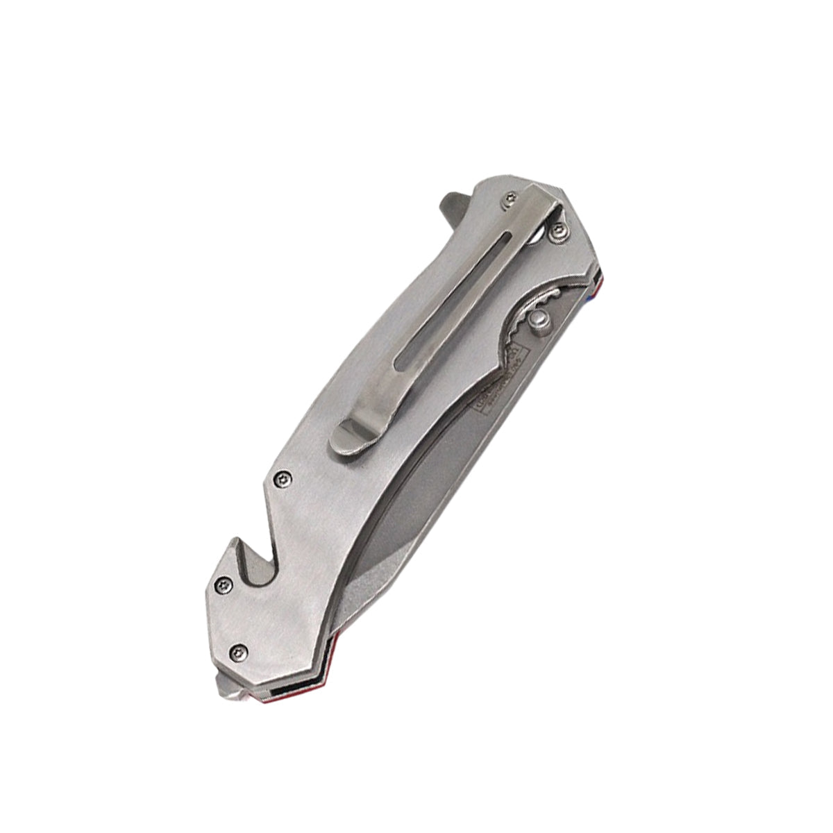 5″ Spring Assisted 2nd Amendment Knife – spring-assisted folding knife featuring a 3″ drop-point blade and a 5″ aluminum handle with a U.S. flag design on both sides, spring-assisted mechanism, liner lock, seatbelt cutter, window breaker, and belt clip for everyday carry and patriot-ready appeal, in white background.