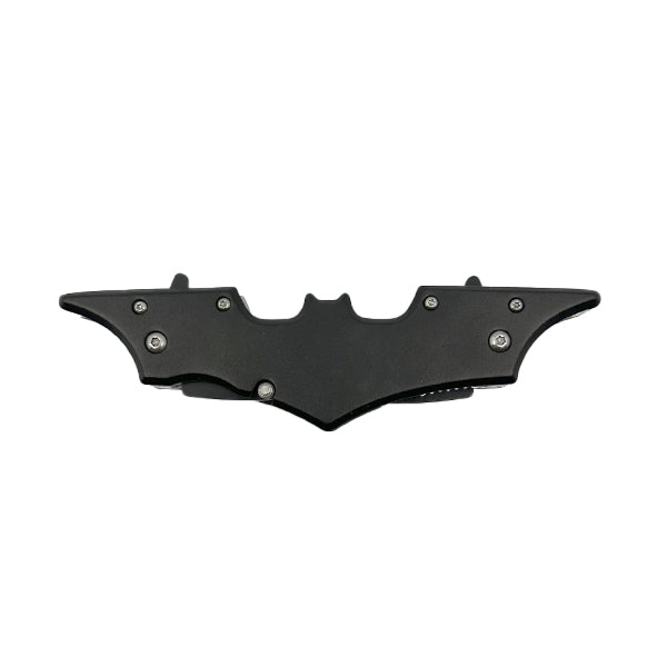 5.75" Spring Assisted Dual-Blade Bat-Style Folding Knife – features twin 4.5" 440 stainless steel razor blades, spring-assisted opening, bat-themed ABS handle, and a belt clip for convenient carry, in white background.