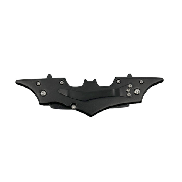 5.75" Spring Assisted Dual-Blade Bat-Style Folding Knife – features twin 4.5" 440 stainless steel razor blades, spring-assisted opening, bat-themed ABS handle, and a belt clip for convenient carry., in white background.