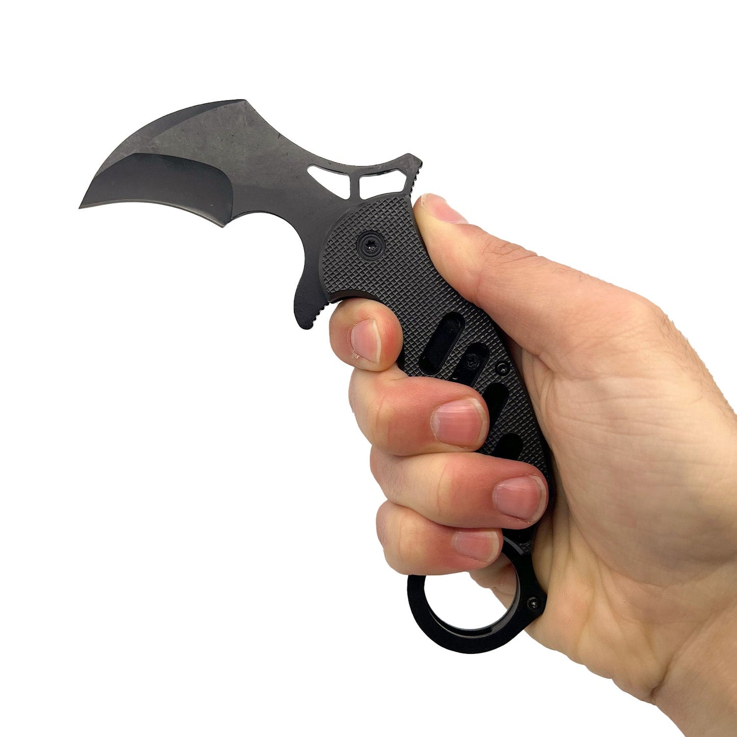 Someone holding 5‑Inch Karambit Knife with ABS Handle – curved folding karambit-style knife featuring a durable ABS handle and sharp stainless-steel blade, ideal for precise everyday carry and tactical use, in white background.