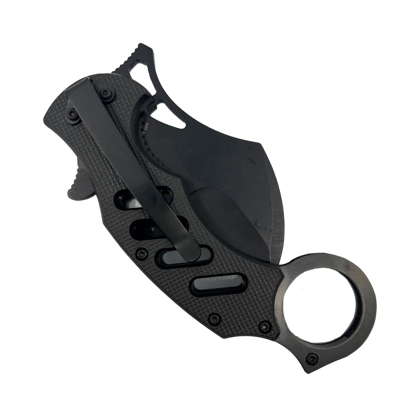 5‑Inch Karambit Knife with ABS Handle – curved folding karambit-style knife featuring a durable ABS handle and sharp stainless-steel blade, ideal for precise everyday carry and tactical use, in white background.