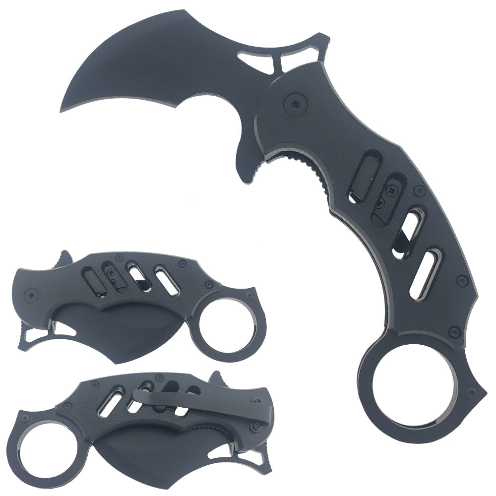 5‑Inch Karambit Knife with ABS Handle – curved folding karambit-style knife featuring a durable ABS handle and sharp stainless-steel blade, ideal for precise everyday carry and tactical use, in white background.