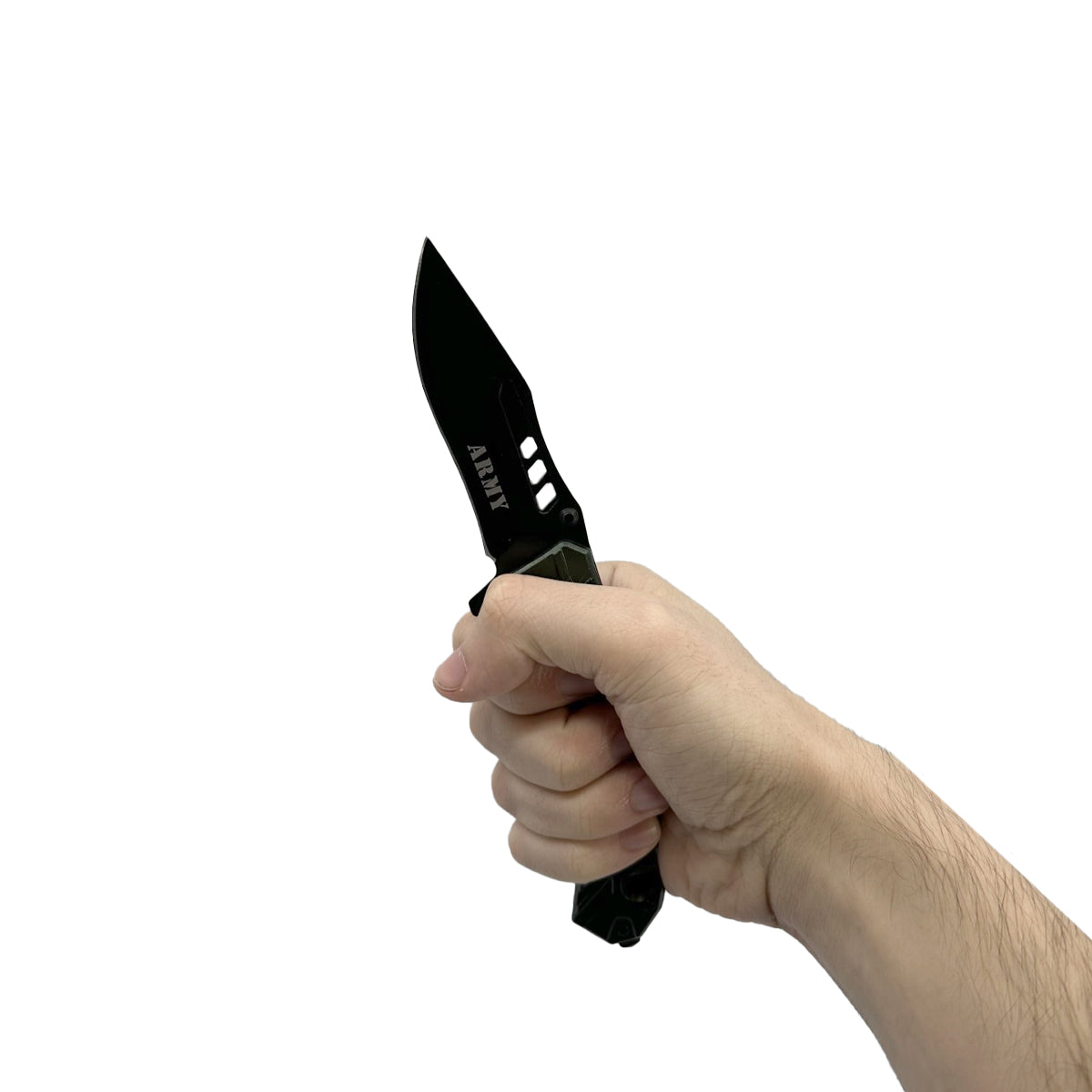 Someone holding 5‑Inch Spring‑Assisted Folding Knife – compact rescue-style folding knife featuring a 3.75″ black stainless steel blade, spring-assisted one-hand opening, ABS handle with seatbelt cutter and glass breaker, and a pocket clip for secure everyday carry, in white background.