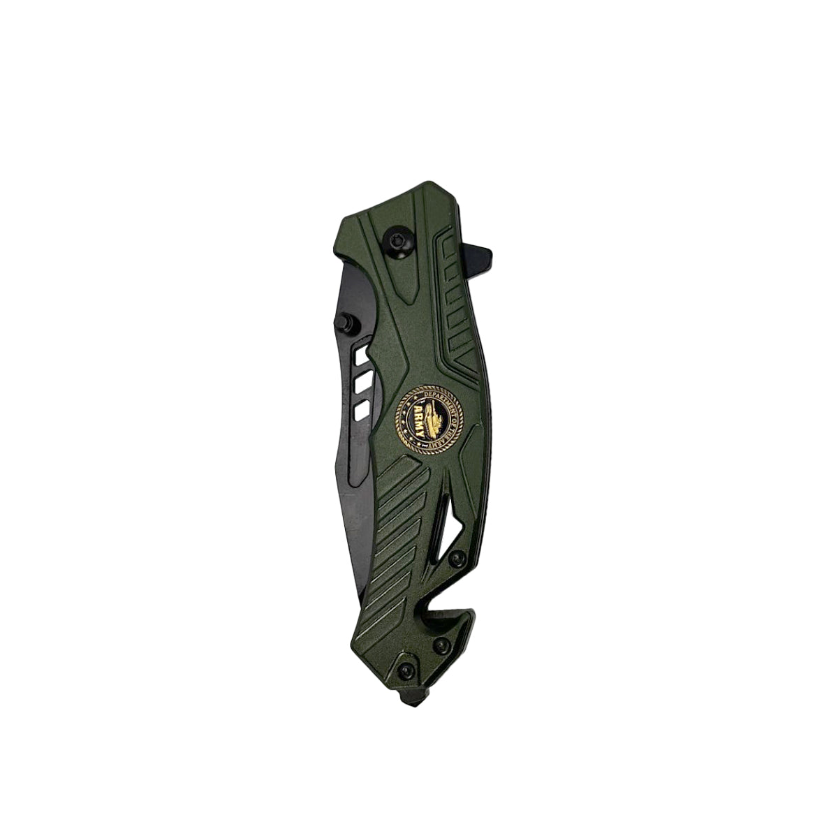 5‑Inch Spring‑Assisted Folding Knife – compact rescue-style folding knife featuring a 3.75″ black stainless steel blade, spring-assisted one-hand opening, ABS handle with seatbelt cutter and glass breaker, and a pocket clip for secure everyday carry, in white background.