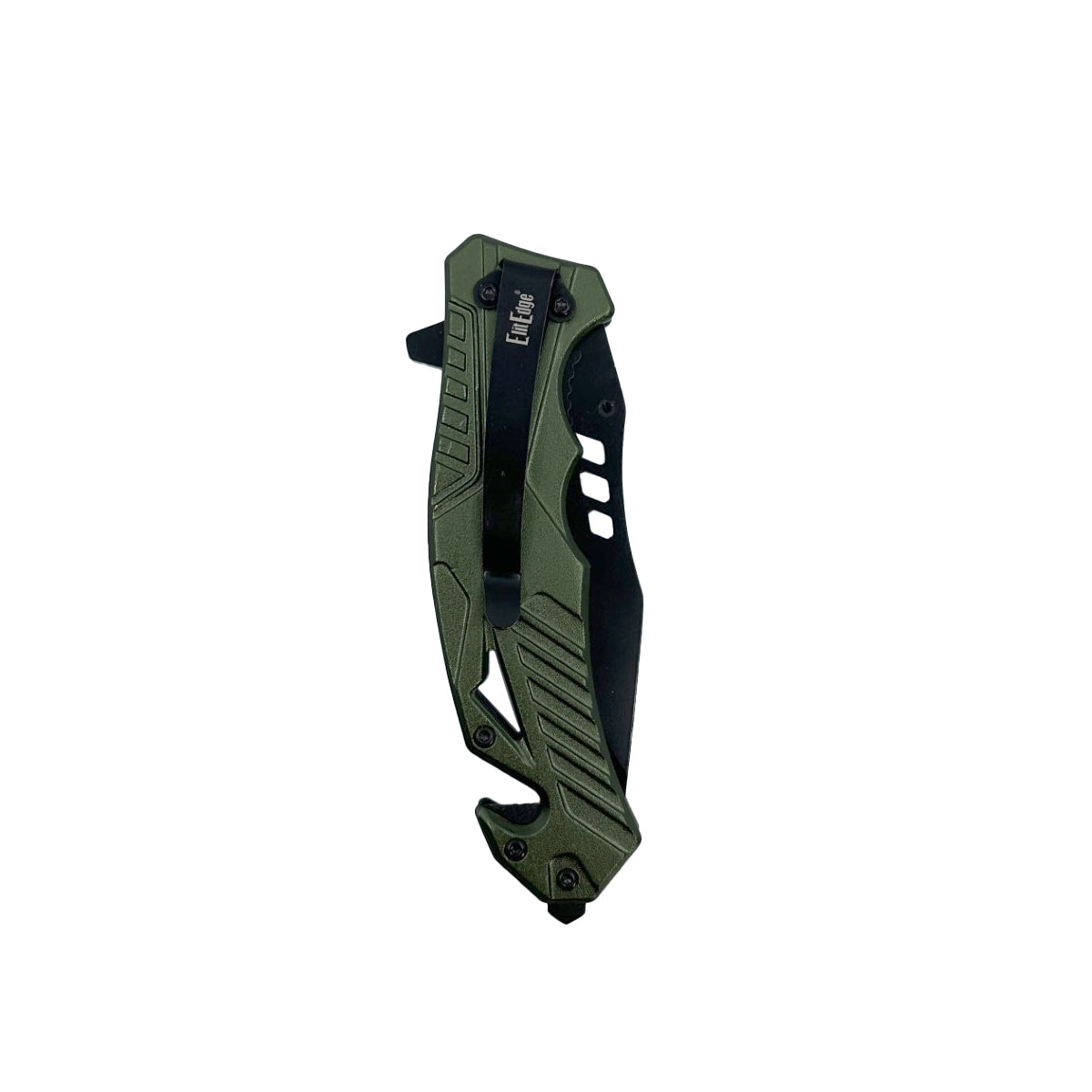 5‑Inch Spring‑Assisted Folding Knife – compact rescue-style folding knife featuring a 3.75″ black stainless steel blade, spring-assisted one-hand opening, ABS handle with seatbelt cutter and glass breaker, and a pocket clip for secure everyday carry, in white background.