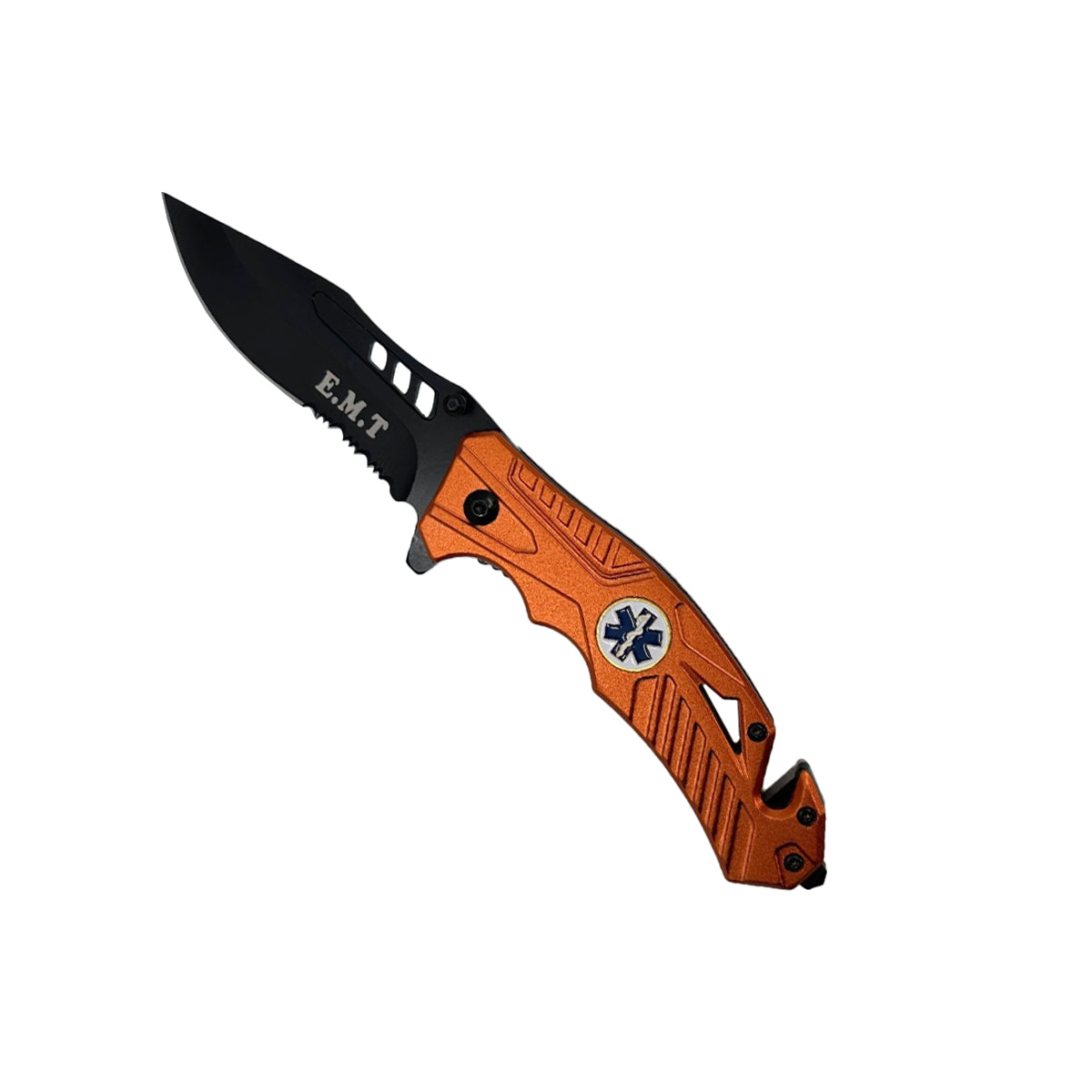 5‑Inch Spring‑Assisted Folding Knife – compact rescue-style folding knife featuring a 3.75″ black stainless steel blade, spring-assisted one-hand opening, ABS handle with seatbelt cutter and glass breaker, and a pocket clip for secure everyday carry, in white background.