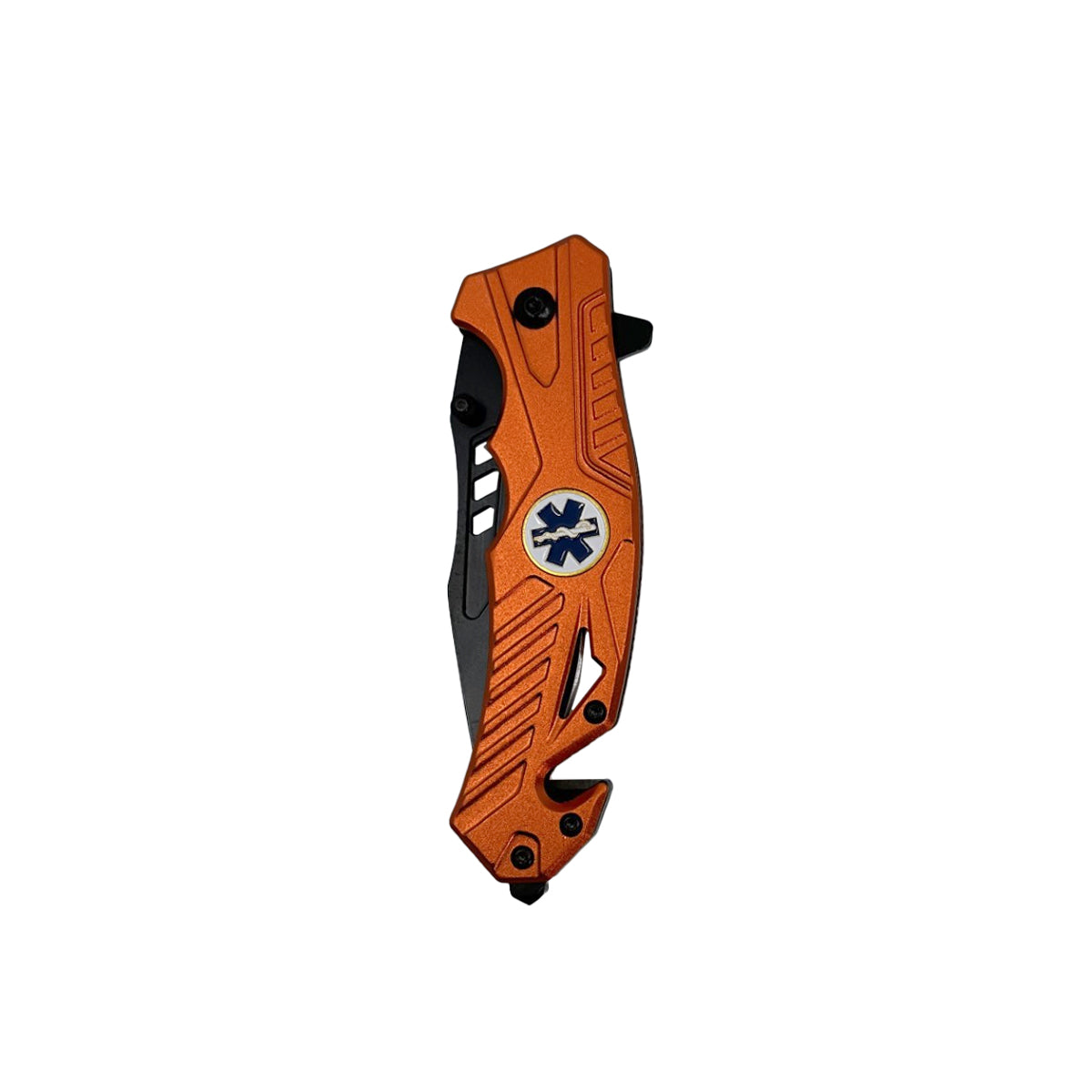 5‑Inch Spring‑Assisted Folding Knife – compact rescue-style folding knife featuring a 3.75″ black stainless steel blade, spring-assisted one-hand opening, ABS handle with seatbelt cutter and glass breaker, and a pocket clip for secure everyday carry, in white background.