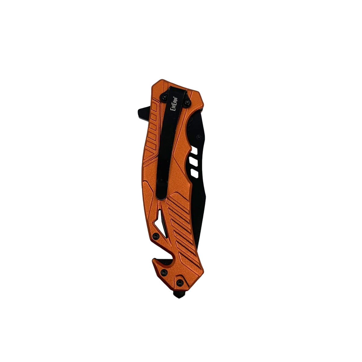 5‑Inch Spring‑Assisted Folding Knife – compact rescue-style folding knife featuring a 3.75″ black stainless steel blade, spring-assisted one-hand opening, ABS handle with seatbelt cutter and glass breaker, and a pocket clip for secure everyday carry, in white background.