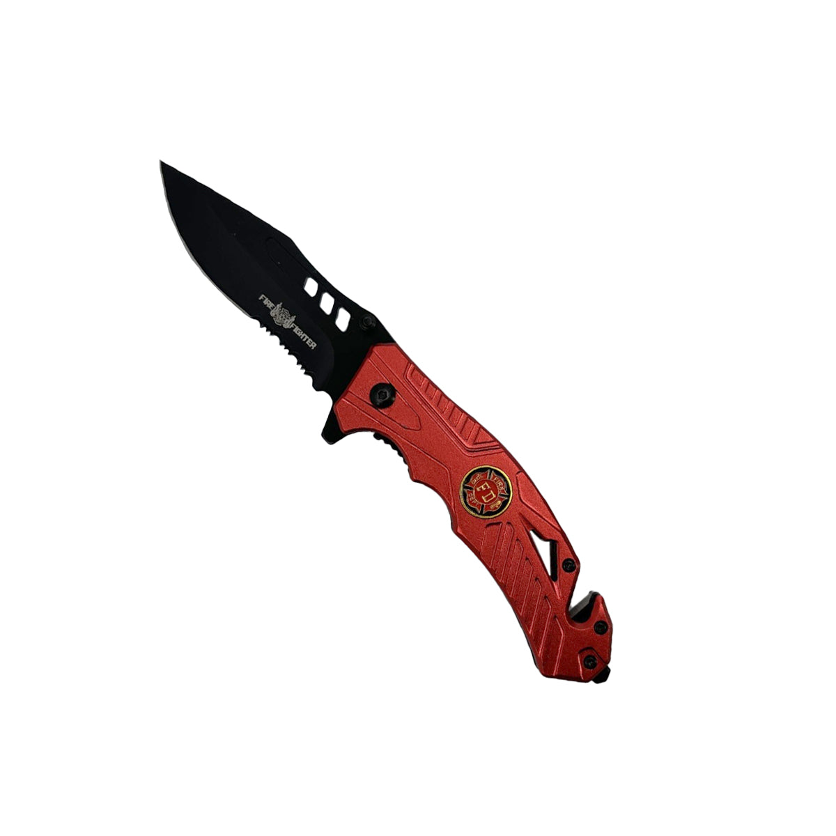5‑Inch Spring‑Assisted Folding Knife – compact rescue-style folding knife featuring a 3.75″ black stainless steel blade, spring-assisted one-hand opening, ABS handle with seatbelt cutter and glass breaker, and a pocket clip for secure everyday carry, in white background.