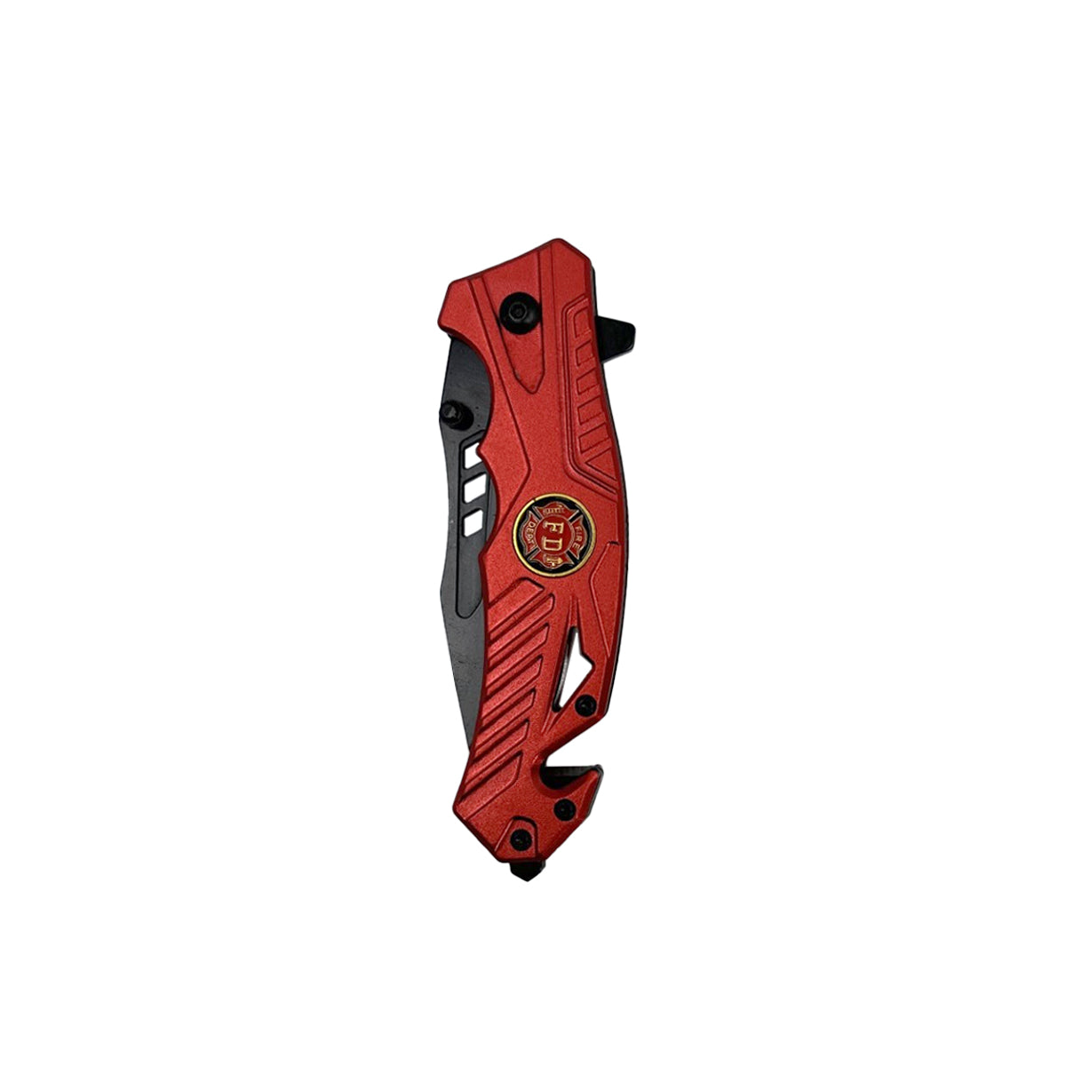 5‑Inch Spring‑Assisted Folding Knife – compact rescue-style folding knife featuring a 3.75″ black stainless steel blade, spring-assisted one-hand opening, ABS handle with seatbelt cutter and glass breaker, and a pocket clip for secure everyday carry, in white background.