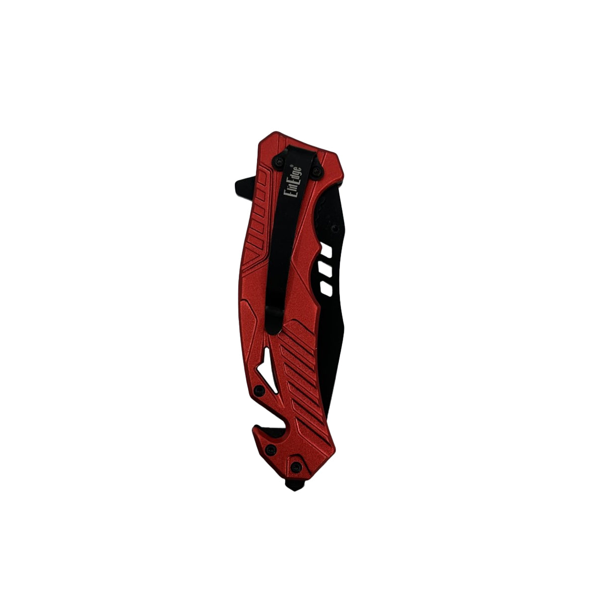 5‑Inch Spring‑Assisted Folding Knife – compact rescue-style folding knife featuring a 3.75″ black stainless steel blade, spring-assisted one-hand opening, ABS handle with seatbelt cutter and glass breaker, and a pocket clip for secure everyday carry, in white background.