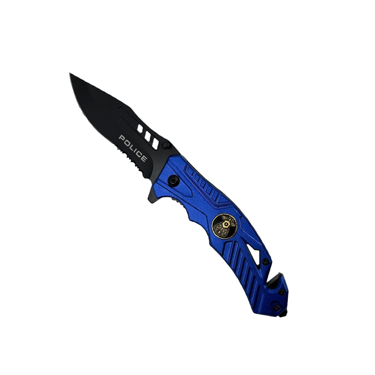 5‑Inch Spring‑Assisted Folding Knife – compact rescue-style folding knife featuring a 3.75″ black stainless steel blade, spring-assisted one-hand opening, ABS handle with seatbelt cutter and glass breaker, and a pocket clip for secure everyday carry, in white background.